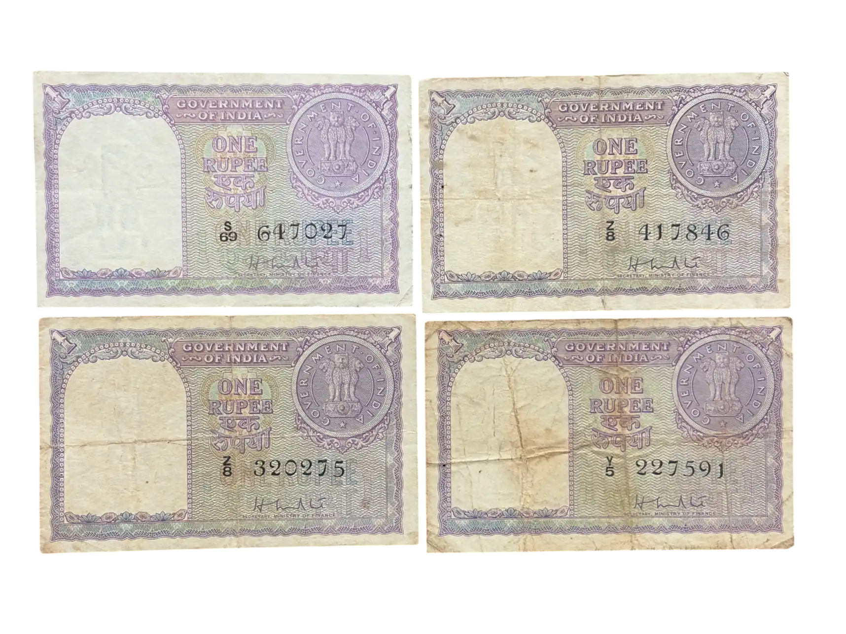 India, 1951 Rupee 1 x 4 Banknotes, Sign. H.M. Patel, Inset Plain, (S69 647027)