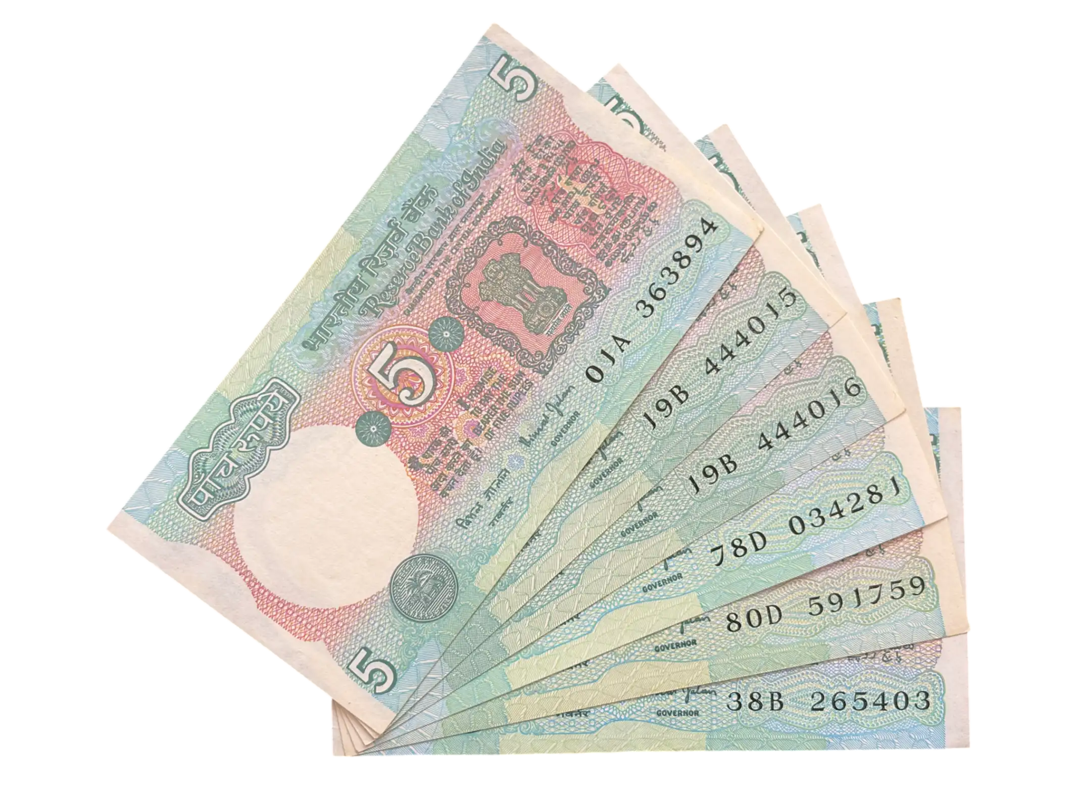India, Rupees 5 x 6 Banknotes, Tractor Issue, Sign. Bimal Jalan, Inset Plain, UNC, Scare, (01A 363894)