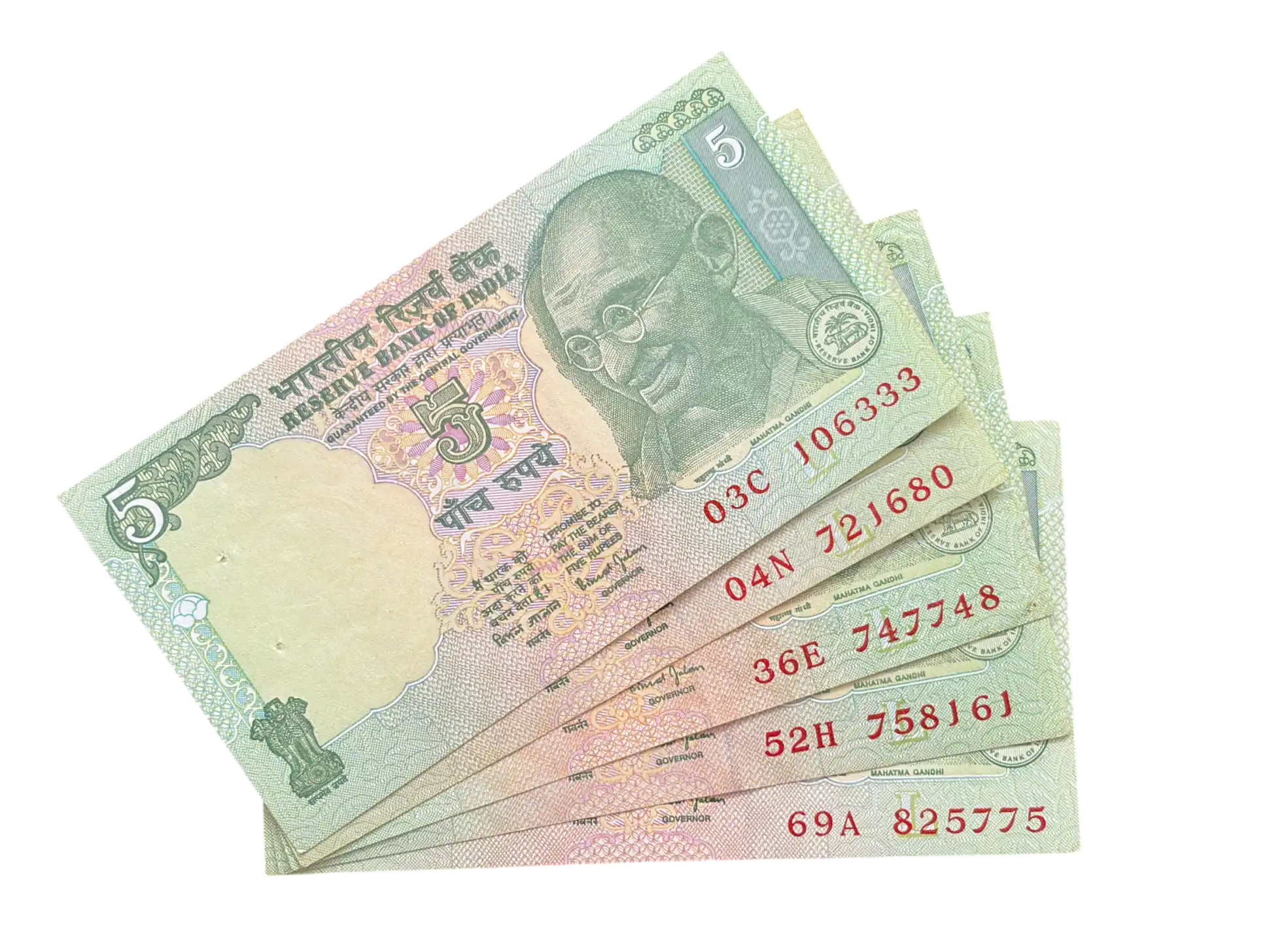 India, Rupees 5 x 5 Banknotes, Sign. Bimal Jalan, Inset L, UNC, (03C 106333)