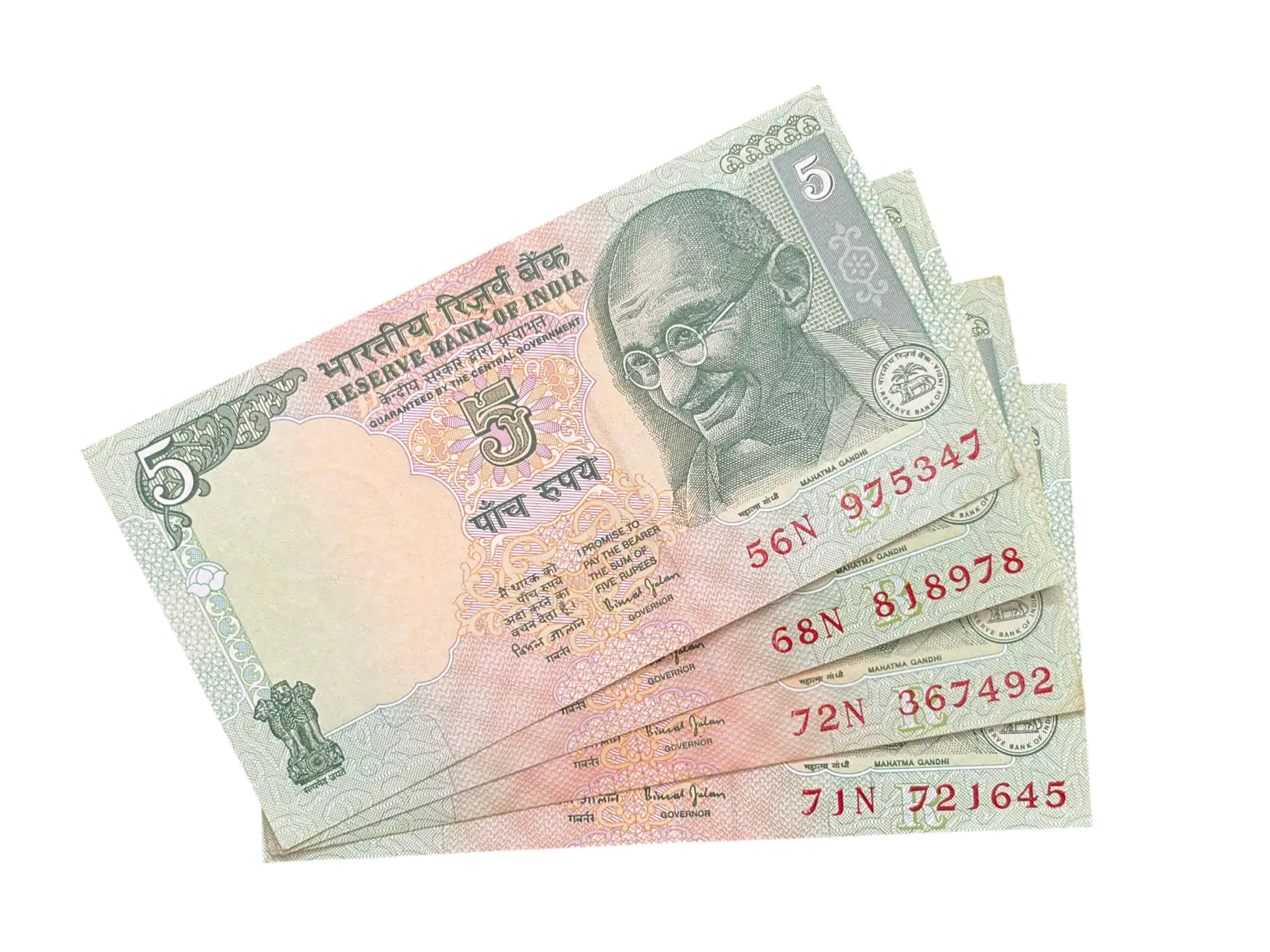 India, Rupees 5 x 4 Banknotes, Sign. Bimal Jalan, Inset R, UNC, (56N 975347)