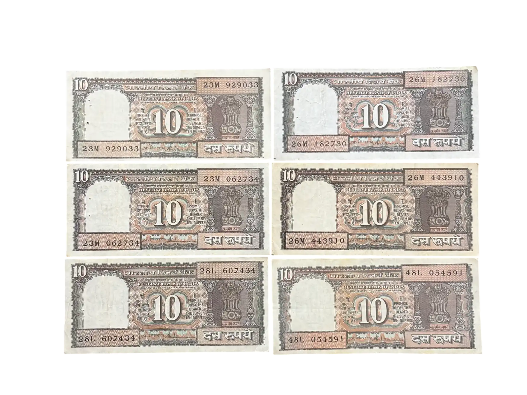 India, Rupees 10 x 6 Banknotes, Black Boat Issue, Sign. S. Venkitaramanan, Inset Plain, (23M 929033)