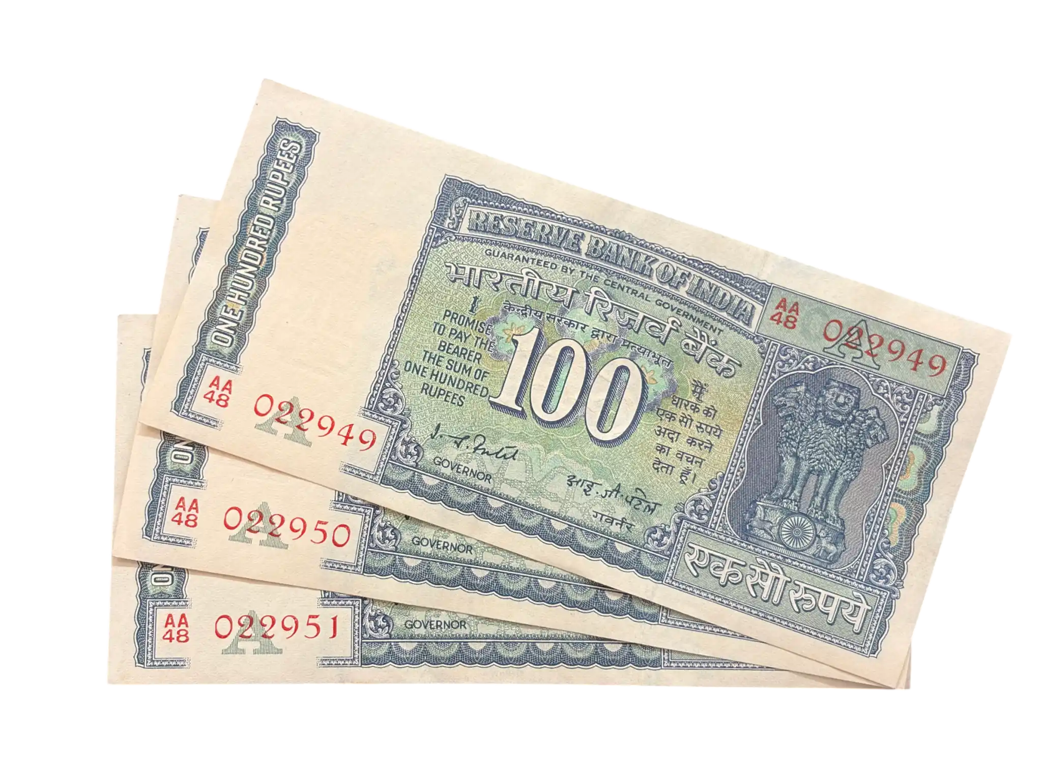India, Rupees 100 x 3 Consecutive Serial Banknotes, White Panel Issue, Sign. I.G. Patel, Inset A, UNC, RARE, (AA48 022949)