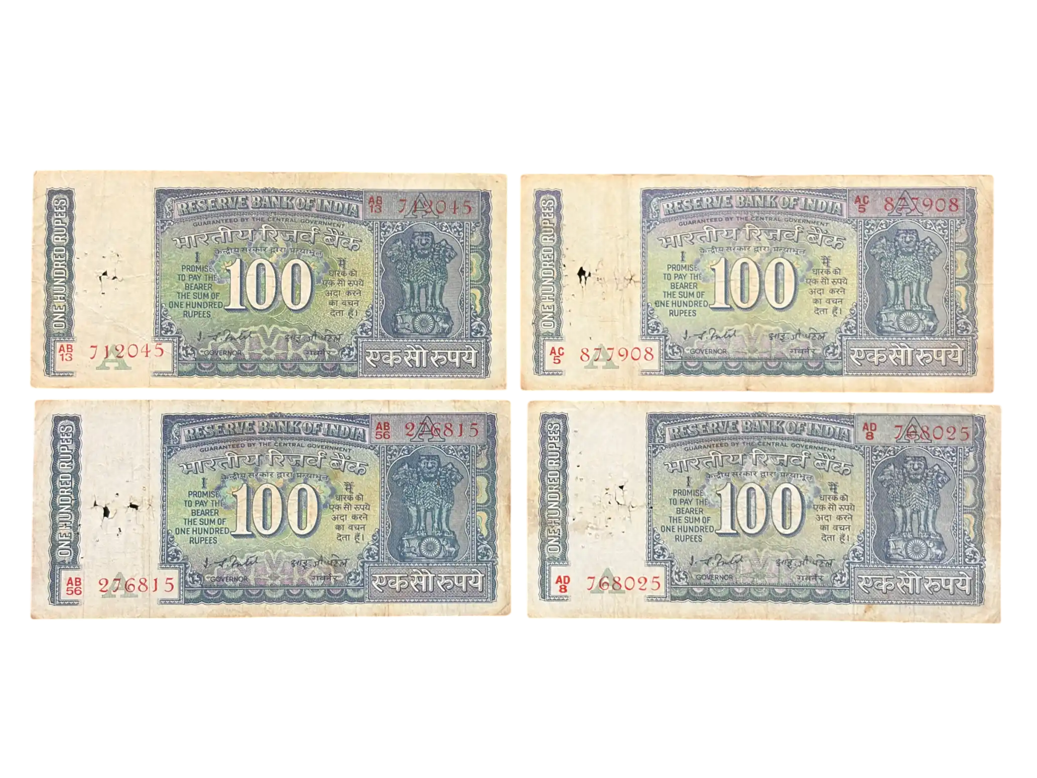 India, Rupees 100 x 4 Banknotes, White Panel Issue, Sign. I.G. Patel, Inset A, (AB13 712045)