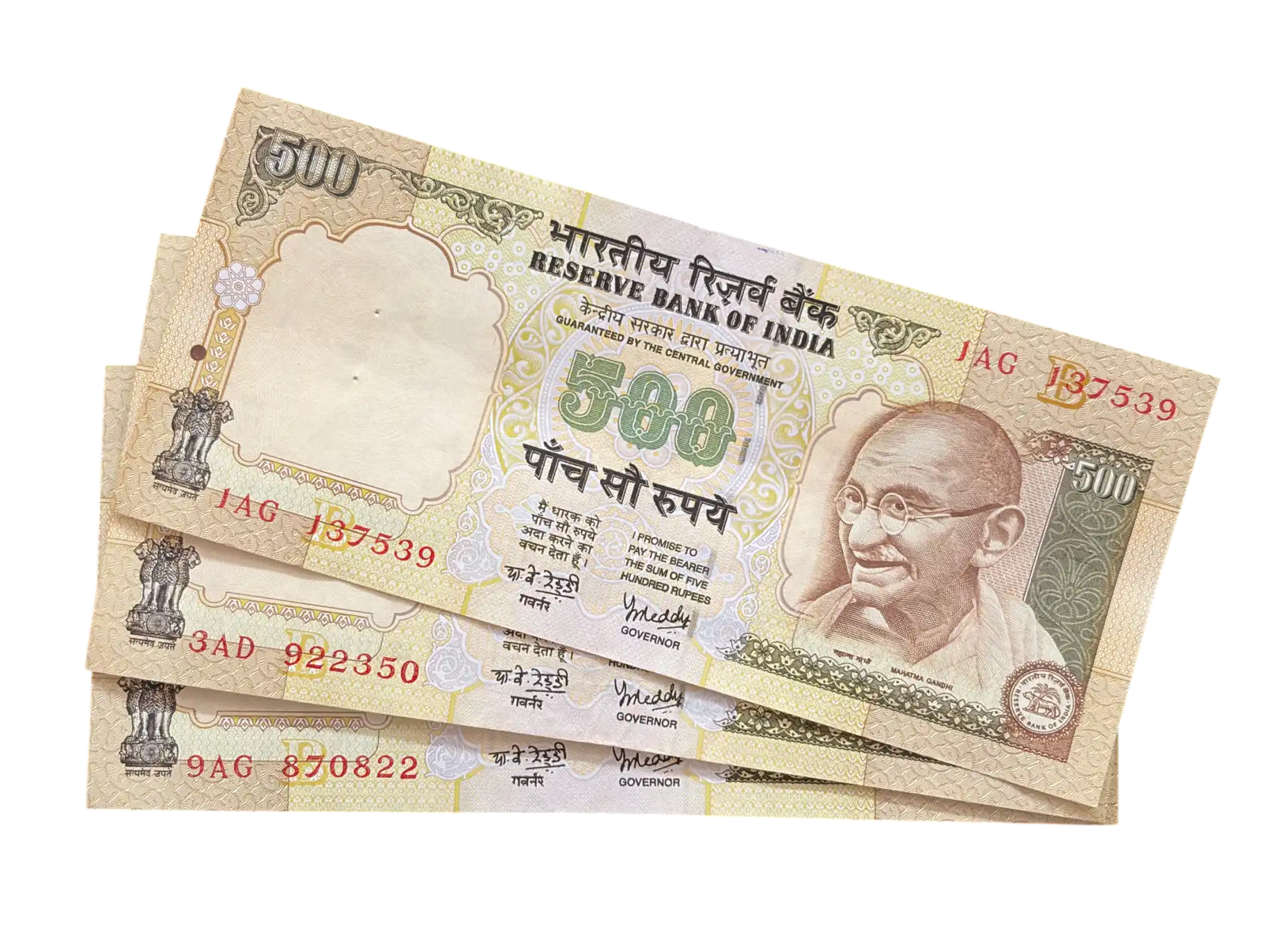 India, Rupees 500 x 3 Banknotes, Sign. Y.V. Reddy, Inset B, (1AG 137539)