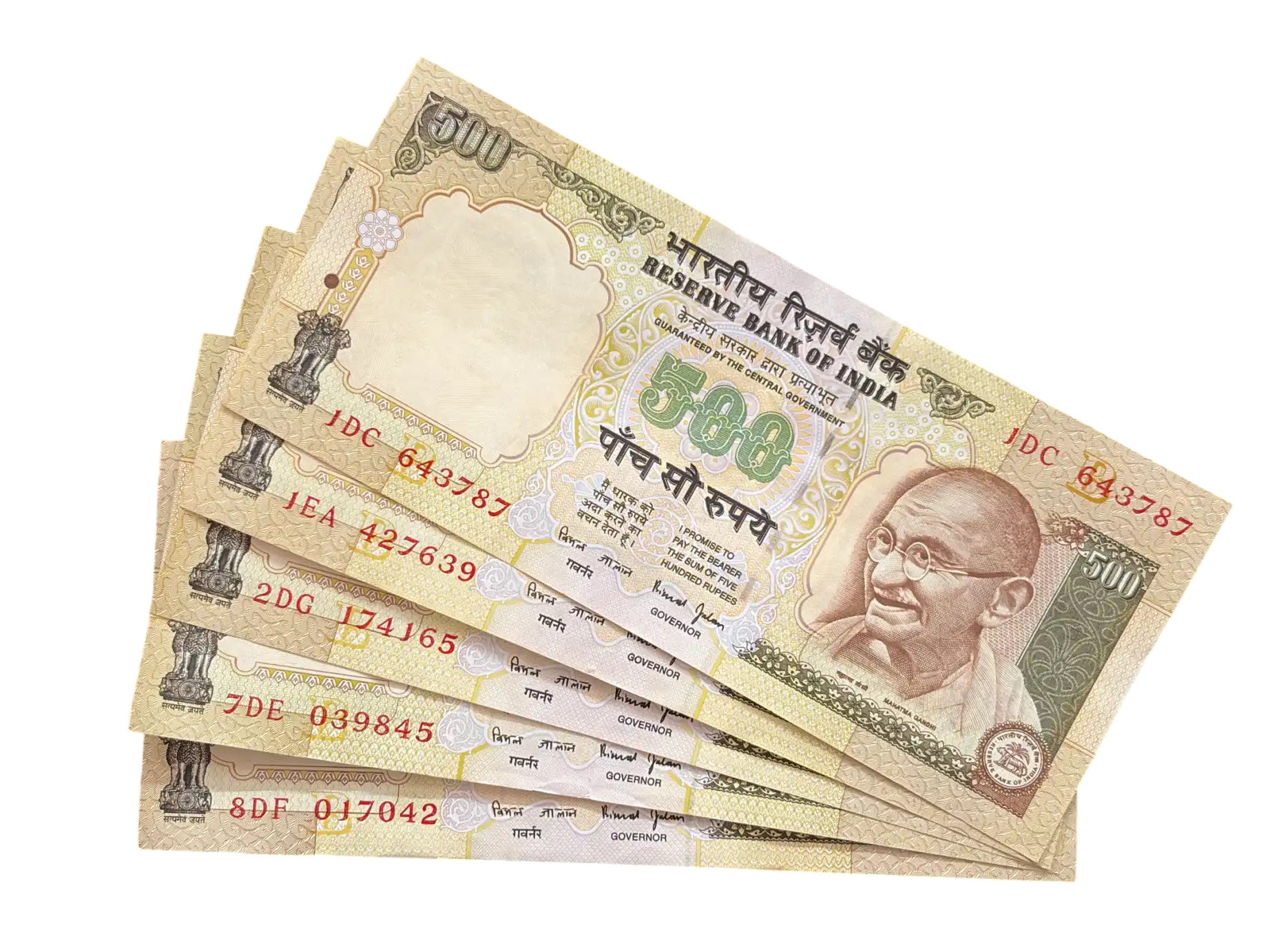 India, Rupees 500 x 5 Banknotes, Sign. Bimal Jalan, Inset B, (1DC 643787)