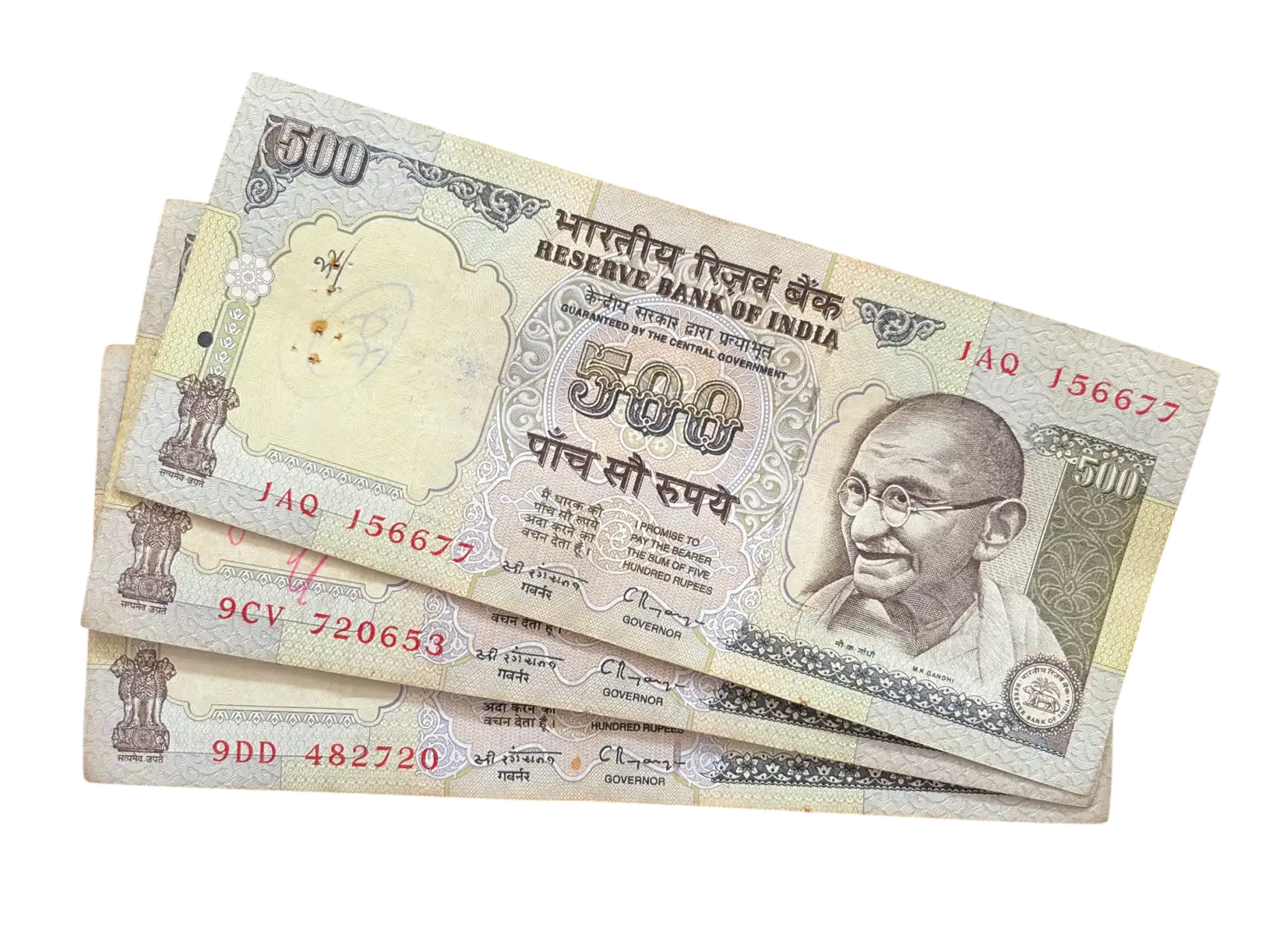 India, 1997 Rupees 500 x 3 Banknotes, Second Series (Blue) Issue, Sign. C. Rangarajan, (1AQ 156677)