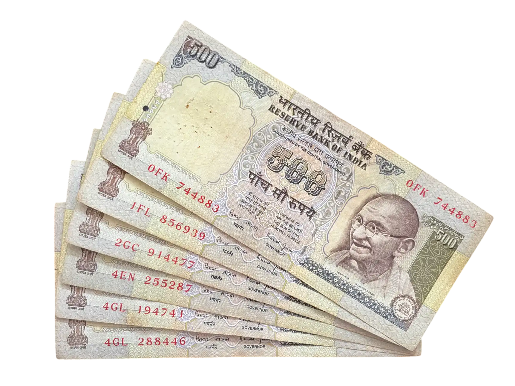 India, Rupees 500 x 6 Banknotes, Second Series (Blue) Issue, Sign. Bimal Jalan, Inset Plain, (0FK 744883)