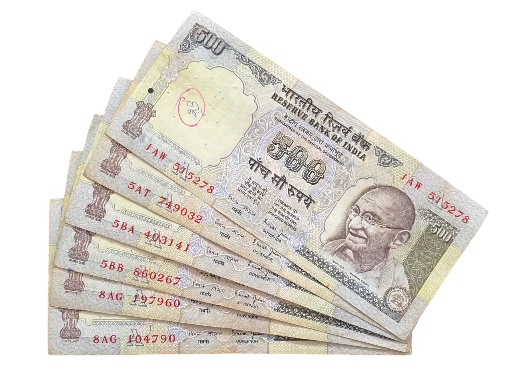 India, Rupees 500 x 6 Banknotes, Second Series (Blue) Issue, Sign. Bimal Jalan, Inset A, (1AW 515278)