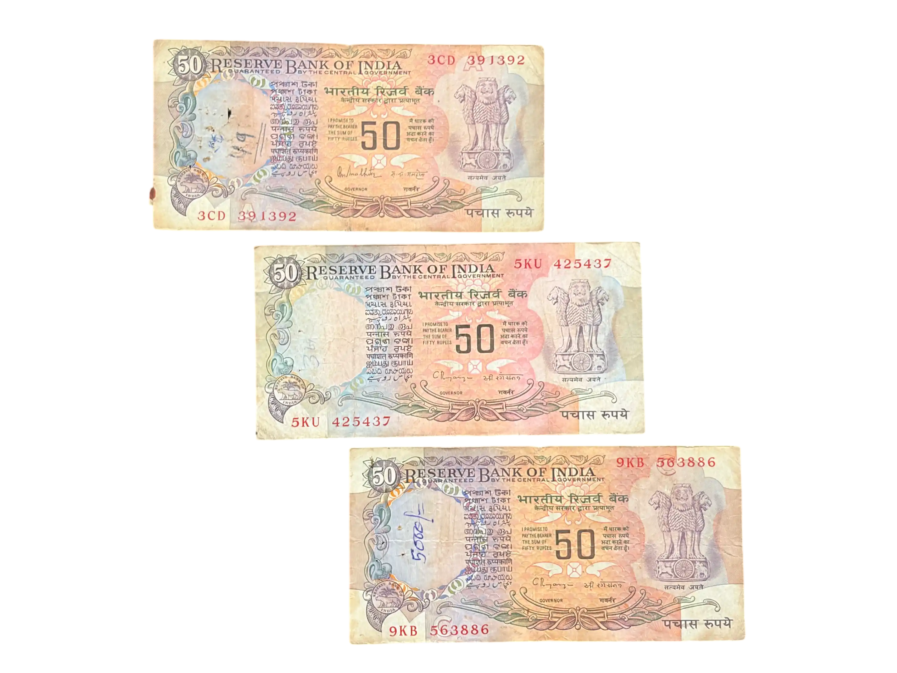 India, Rupees 50 x 3 Banknotes, With Flag Issue, Used Condition, (3CD 391392)