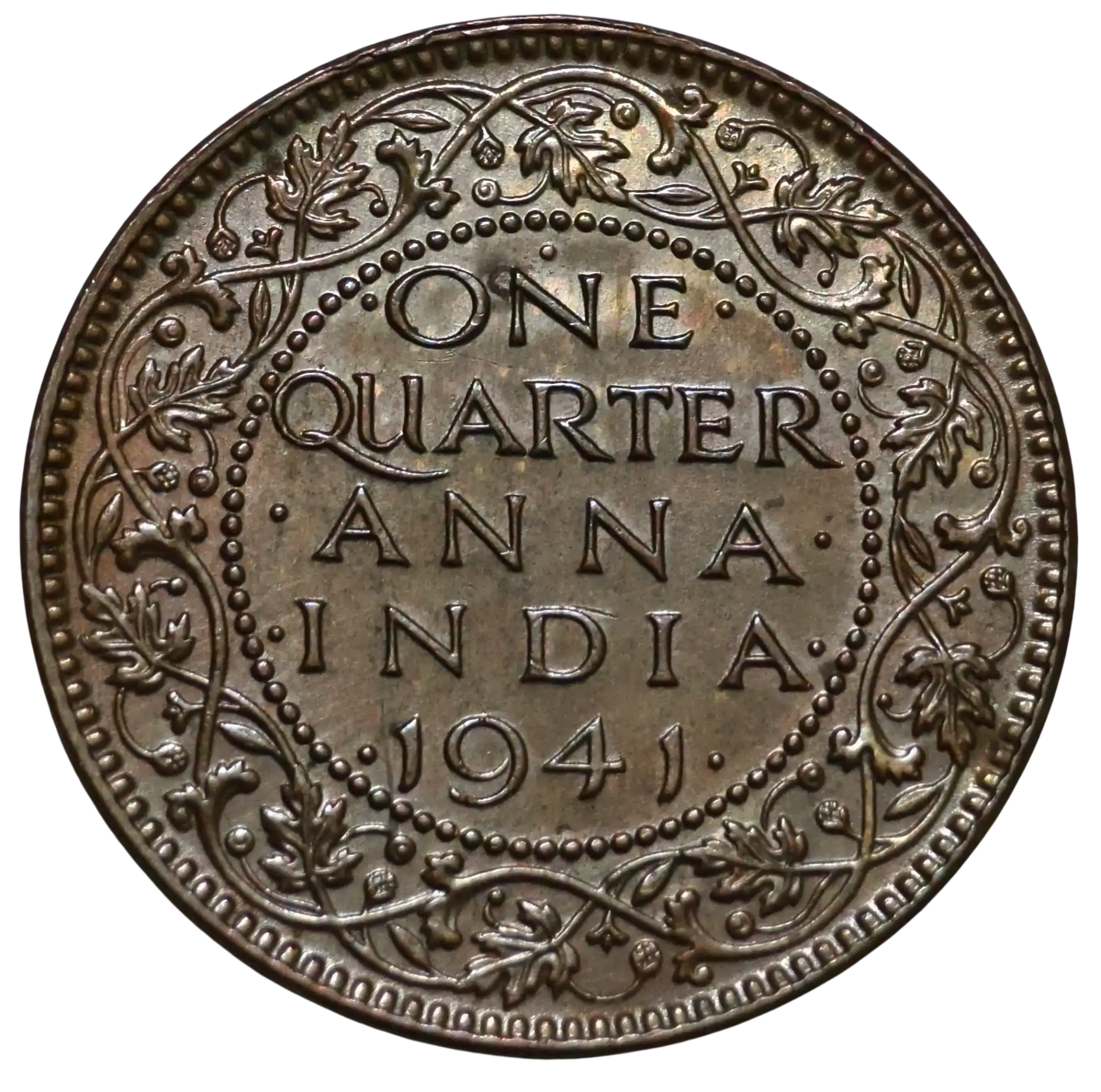 Extremely Rare One Quatre Anna George VI King 1941 Bombay Mint Coin
