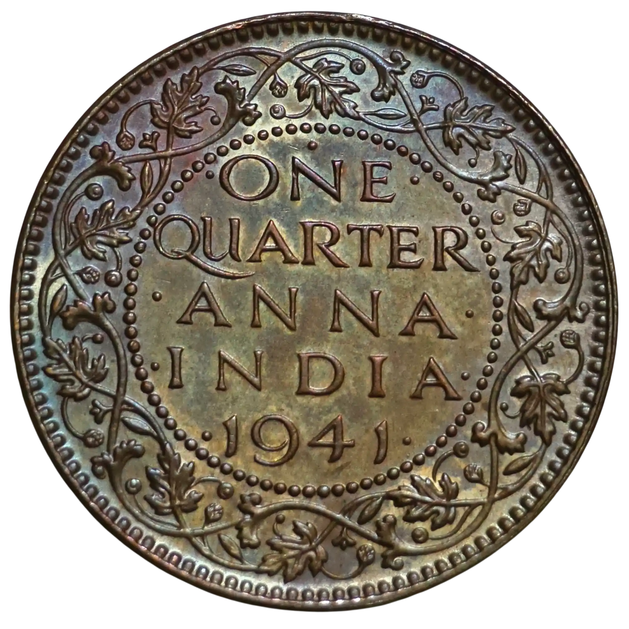 X-Rare One Quatre Anna George VI King 1941 Bombay Mint Coin