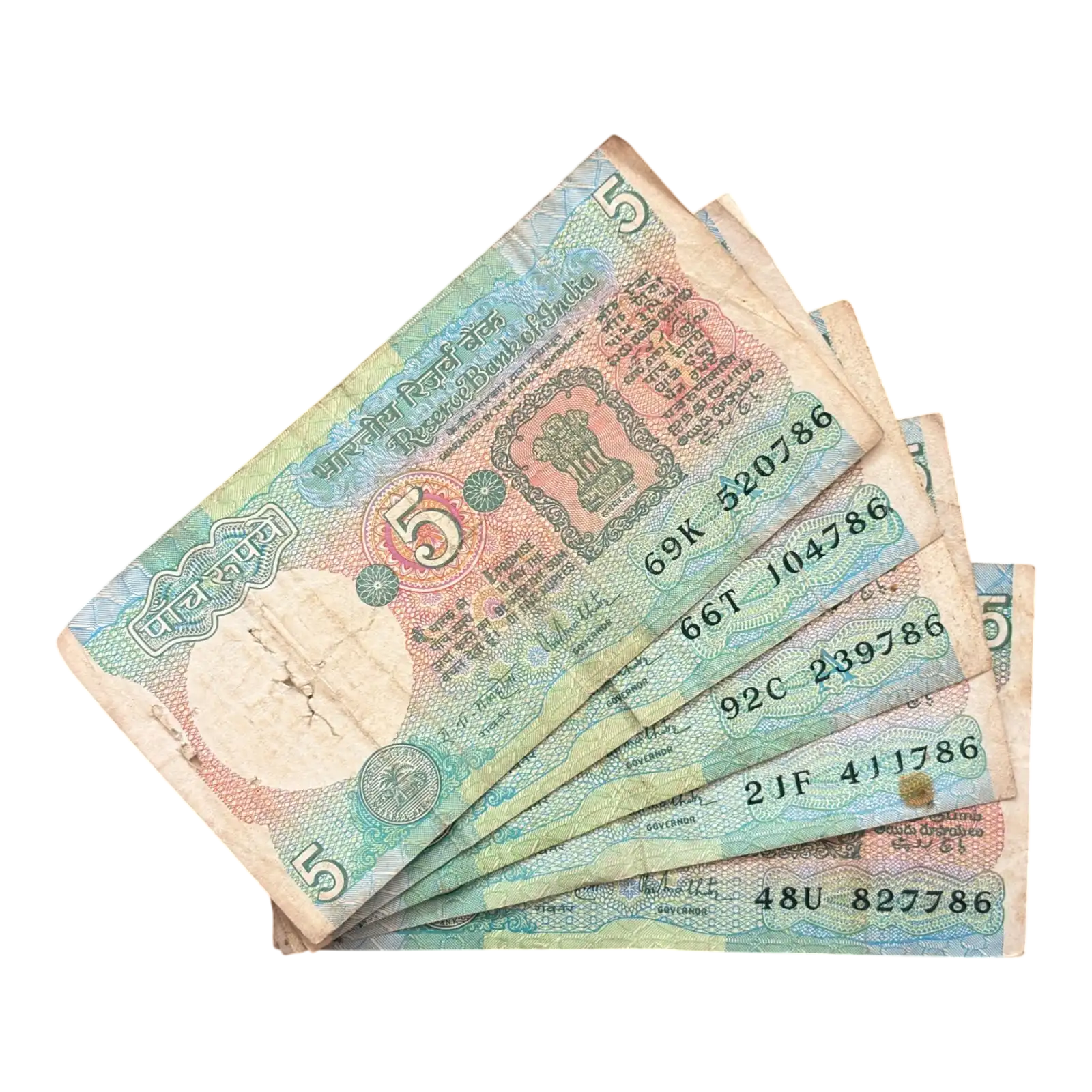 India, Rupees 5 x 5 Banknotes, Holy Fancy Serial Number Ending 786, Tractor Issue, Sign. R.N. Malhotra, (69K 520786)