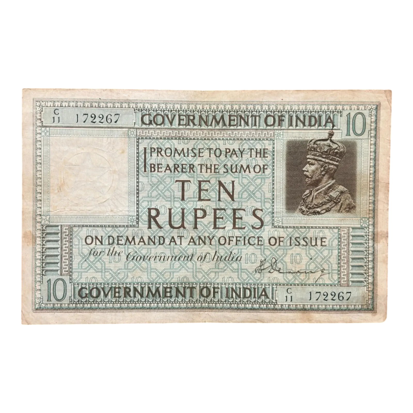 British India, Rupees 10 Banknote, 1st Pattern (2nd Issue, Top Serial Number Left to Right), King George V, Sign. H. Denning, RARE & Scare, (C11 172267)