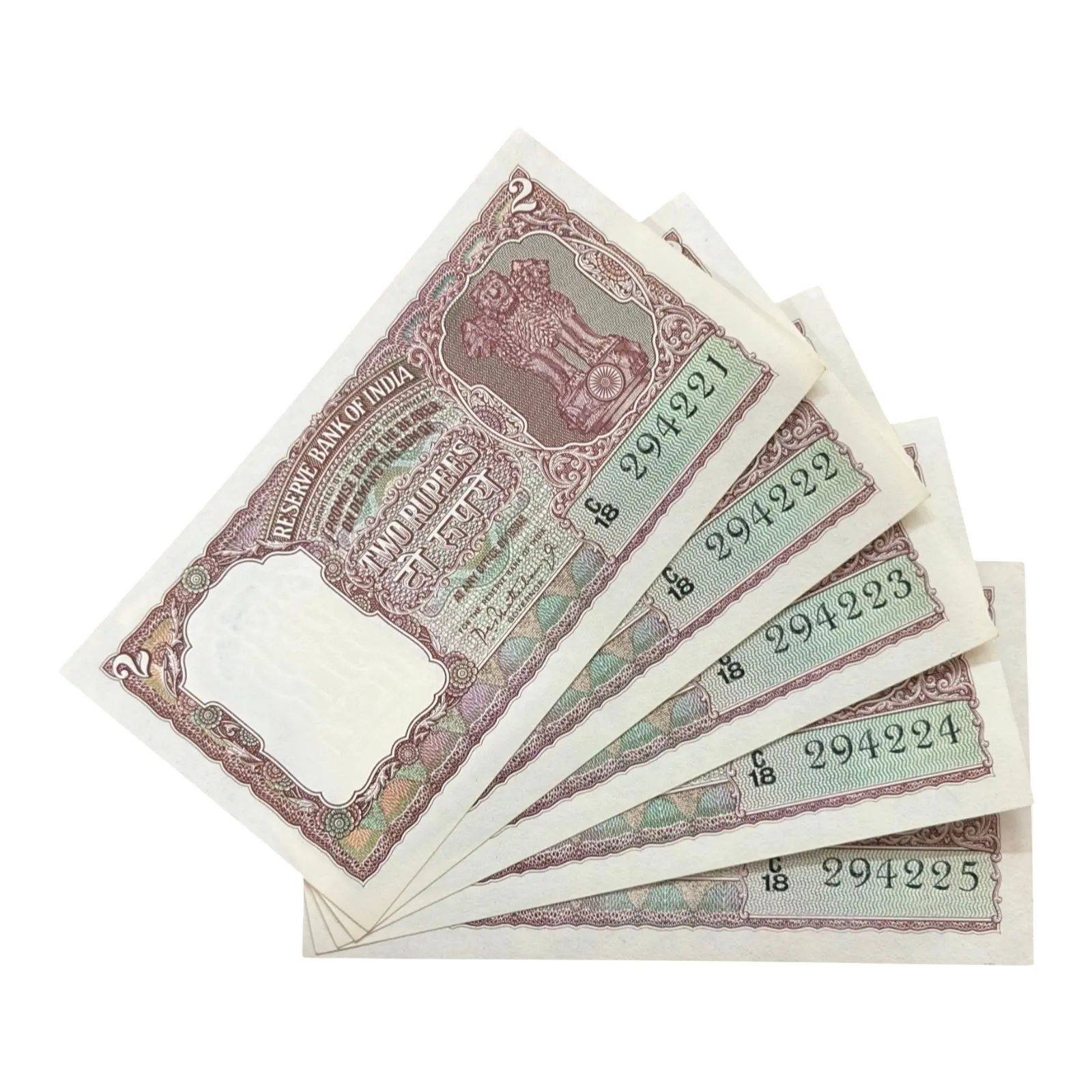India, Rupees 2 x 5 Consecutive Serial Banknotes, Half Tiger Issue (Brown Issue), Sign. P.C. Bhattacharya, UNC, (C18 294221)