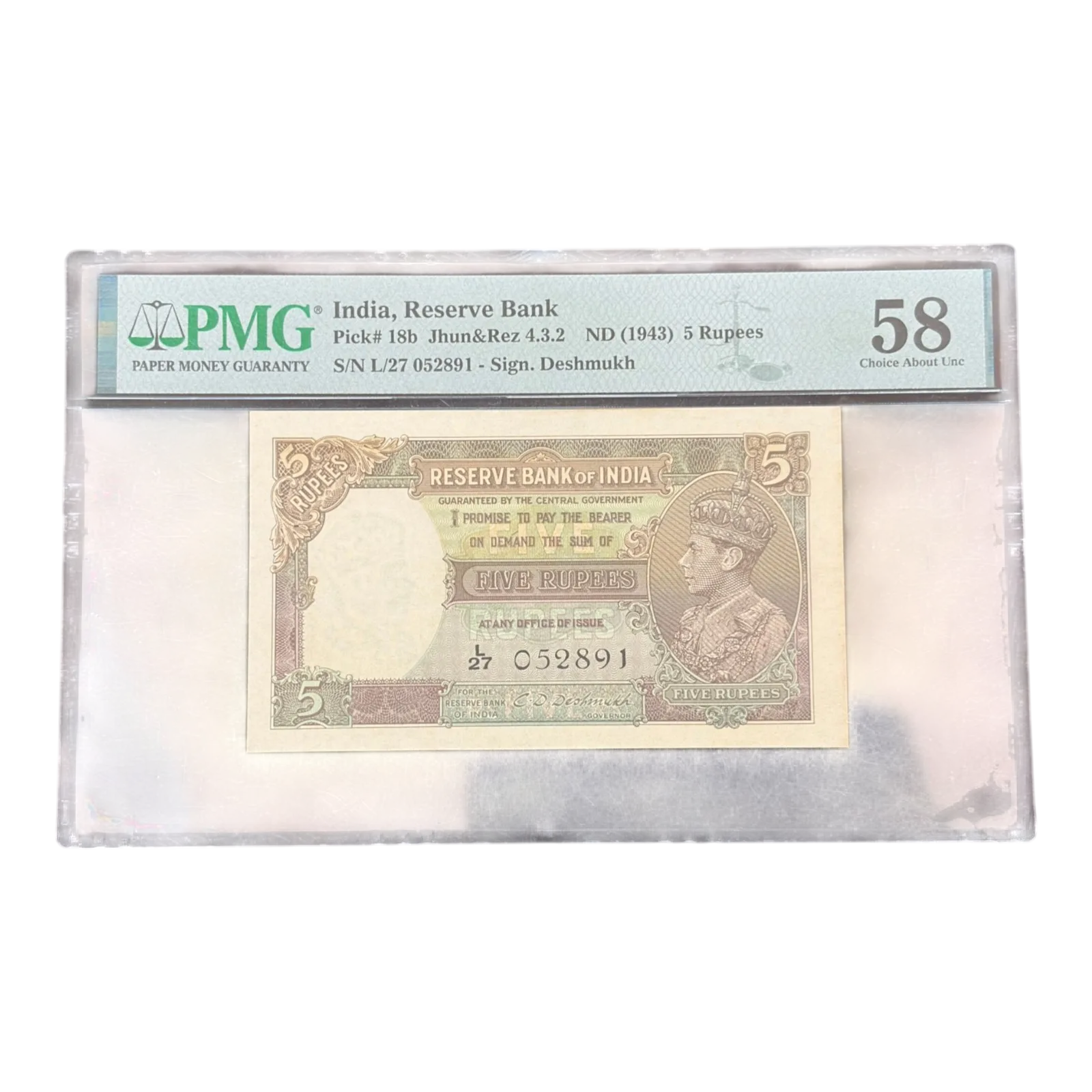 British India, 1943 Rupees 5 Banknote, King George VI (KG VI), Prefix (L27), Sign. C.D. Deshmukh, PMG Graded 58, (L27 052891)
