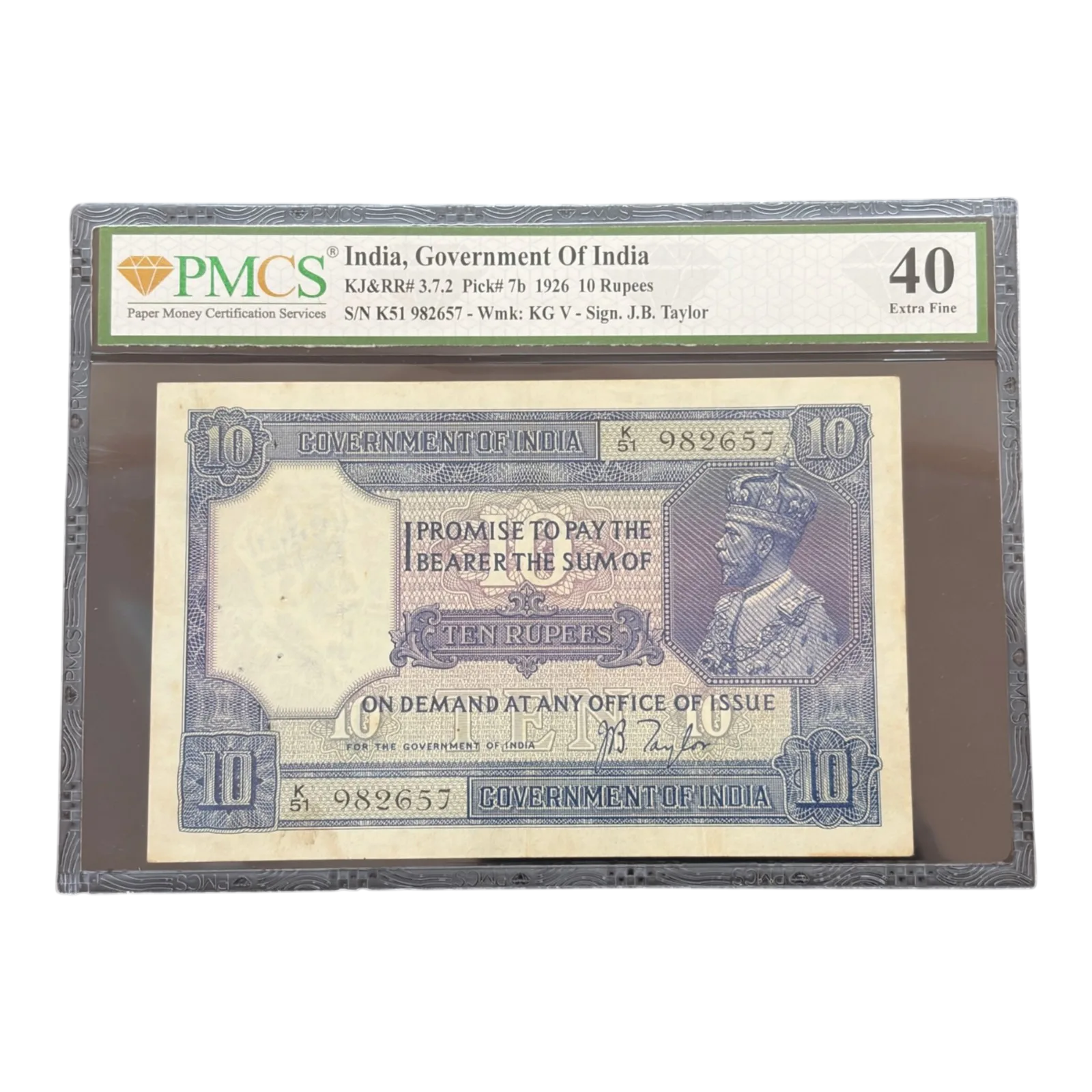 British India, 1926 Rupees 10 Banknote, King George V (KG V), Prefix (K51), Sign. J.B. Taylor, PMCS Graded 40, (K51 982657)