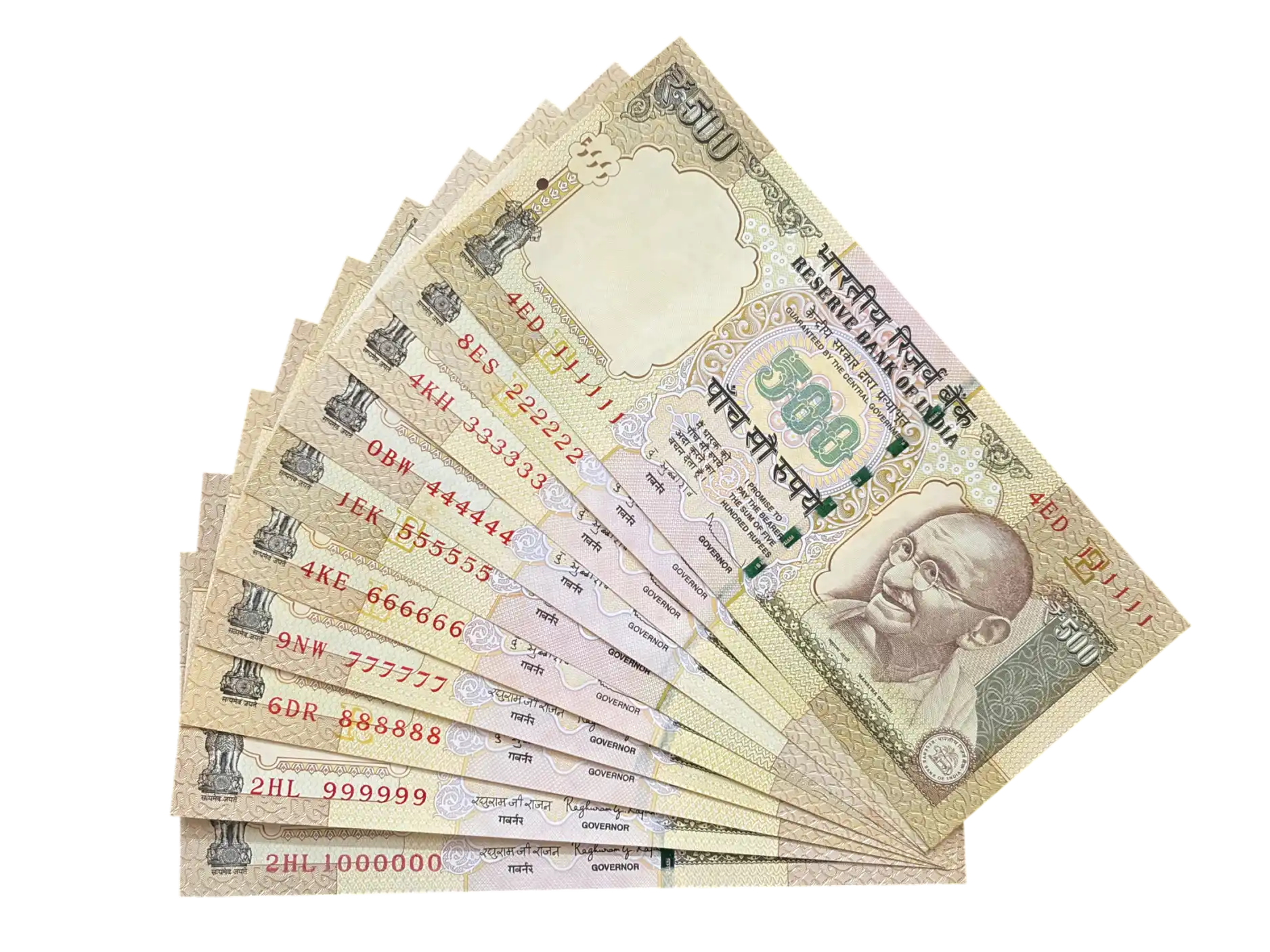 India, Rupees 500 x 10 Banknotes Set of Solid Fancy Serial 111111 to 999999 & 1000000 (1 Million), UNC, RARE, (4ED 111111)