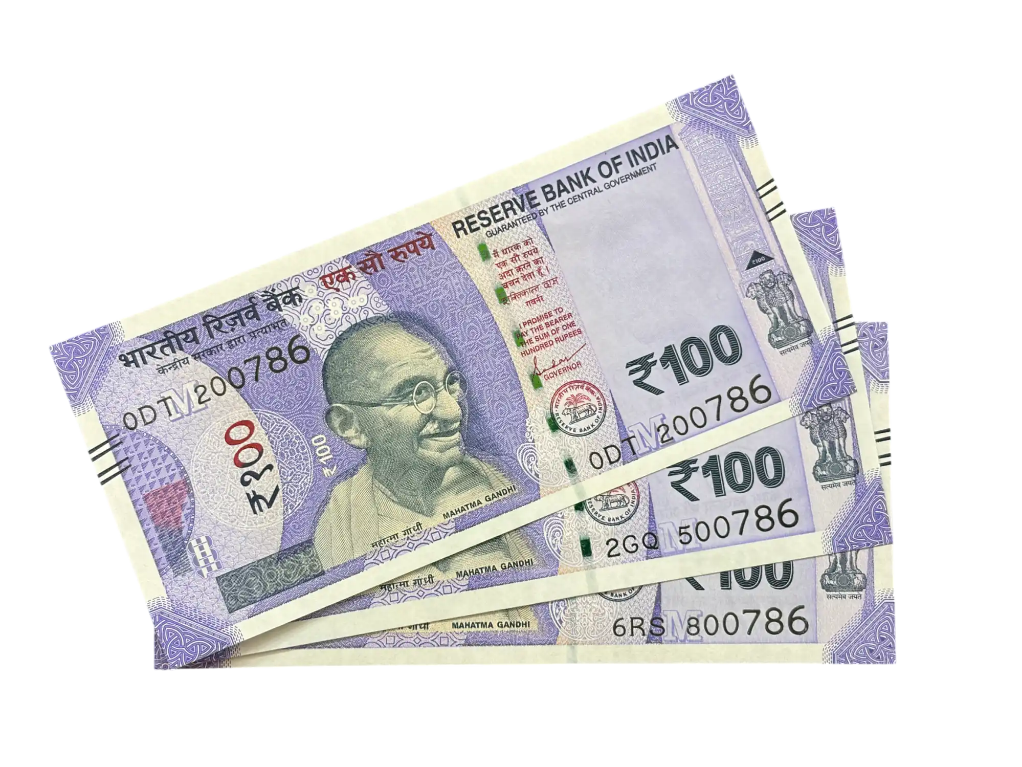India, Rupees 100 x 3 Banknotes, Set of Holy Fancy Serial 200-786, 500-786, 800-786, Sign. Shaktikanta Das, Inset M, UNC, (0DT 200786)
