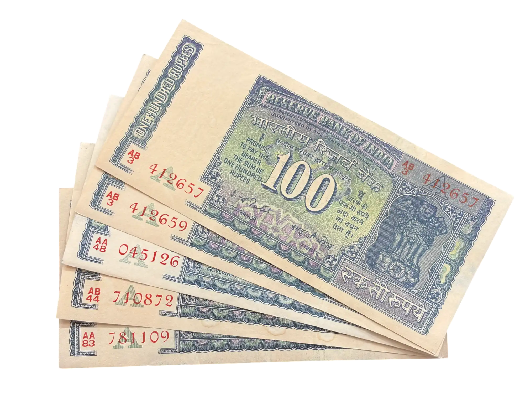 India, Rupees 100 x 5 Banknotes, White Panel Issue, Sign. I.G. Patel, Inset A, UNC, RARE, (AB3 412657)