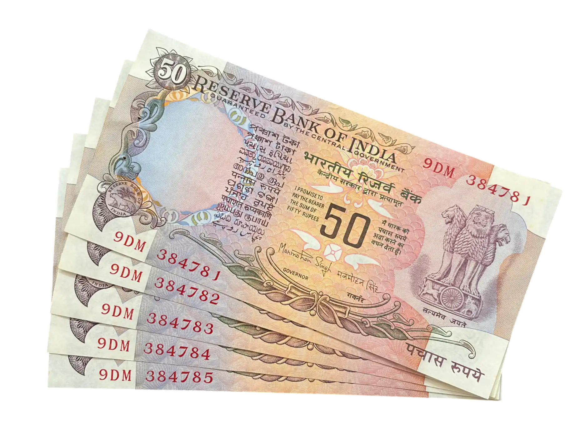 India, Rupees 50 x 5 Consecutive Serial Banknotes, Parliament Issue (With Flag), Sign. Manmohan Singh, UNC, RARE, (9DM 384781)