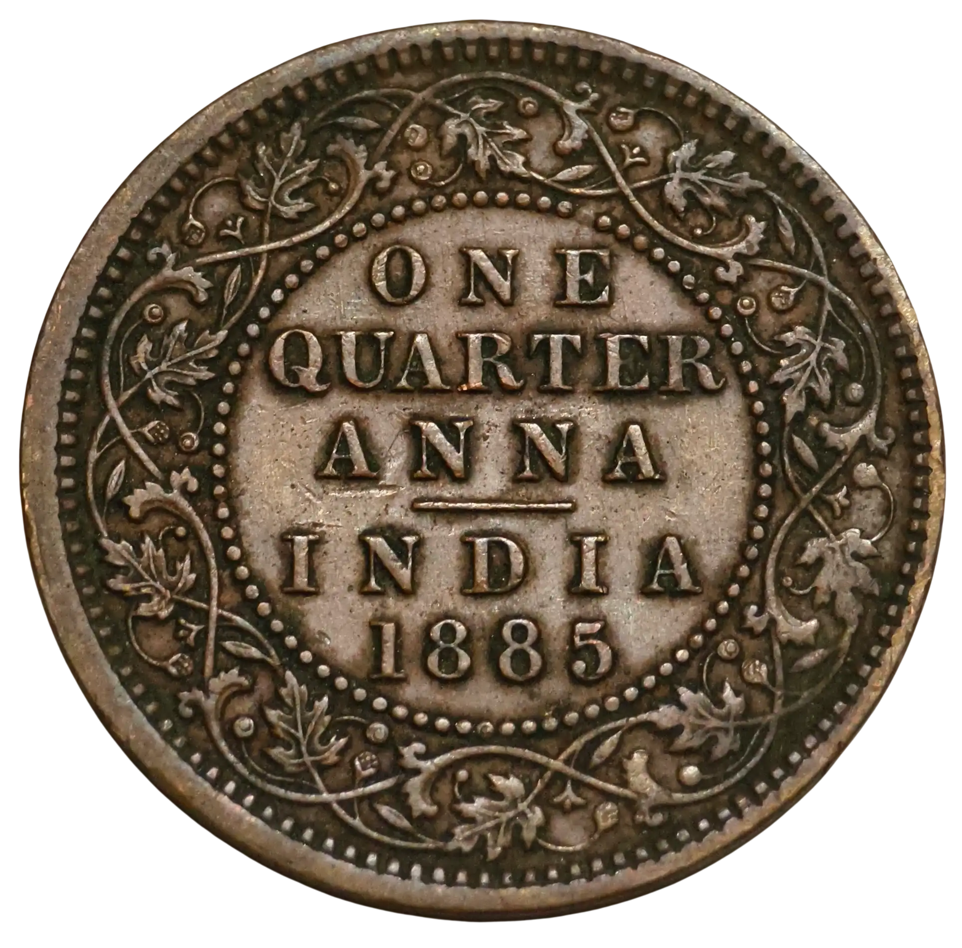 Extremely Rare One Quarter Anna Victoria Empress 1885 Calcutta Mint Coin with Mint Mark
