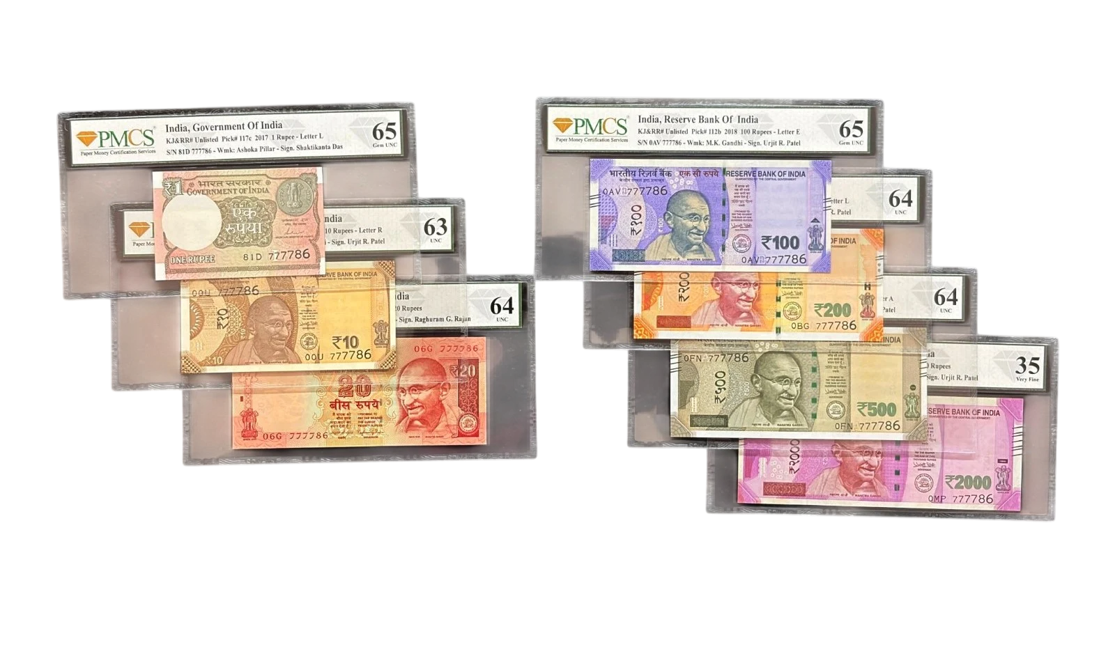 India, Set of Rupee 1, 2, 10, 20, 100, 200, 500, 2000 with Same Holy Fancy Serial Number 777-786, RARE & Scarce, PMCS Graded 65, 64, 63, 35, (81D 777786)