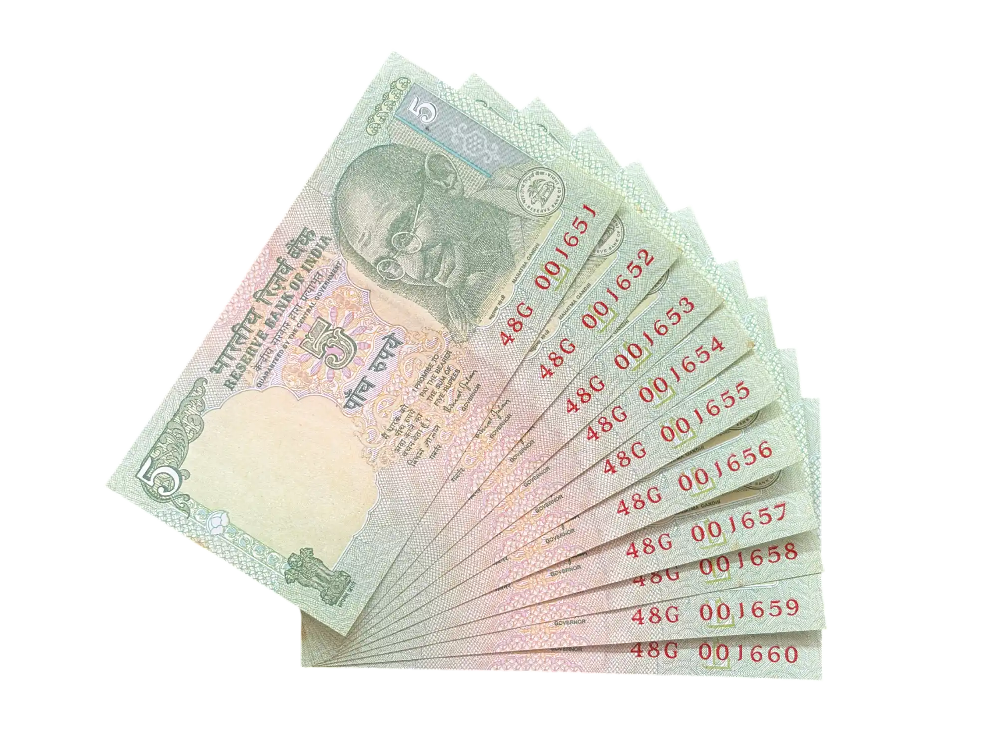 India, Rupees 5 x 10 Consecutive Serial Banknotes, Sign. Bimal Jalan, Inset L, UNC, (48G 001651)