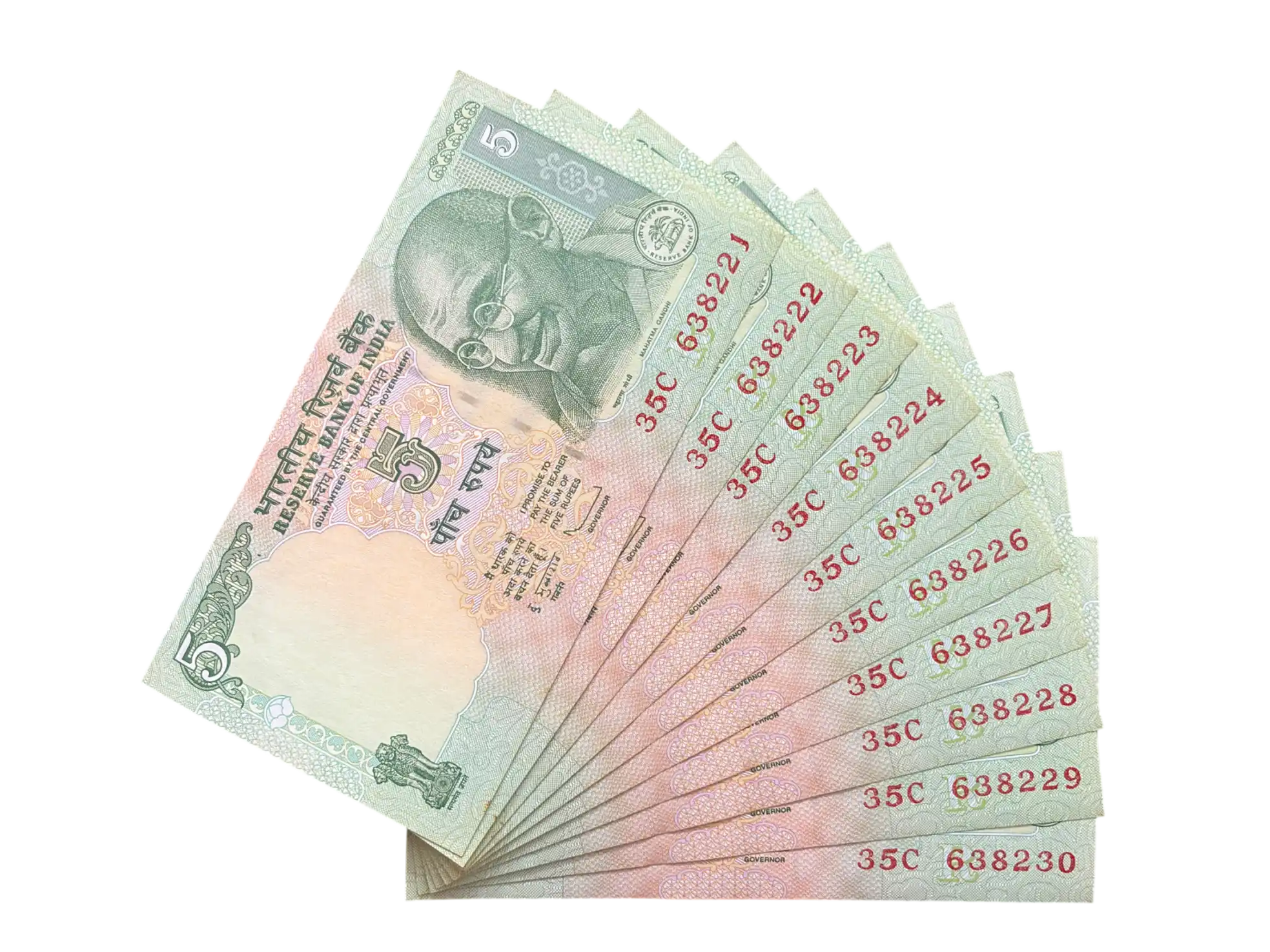 India, 2011 Rupees 5 x 10 Consecutive Serial Banknotes, Sign. D. Subbarao, Inset R, RARE, UNC, (35C 638221)