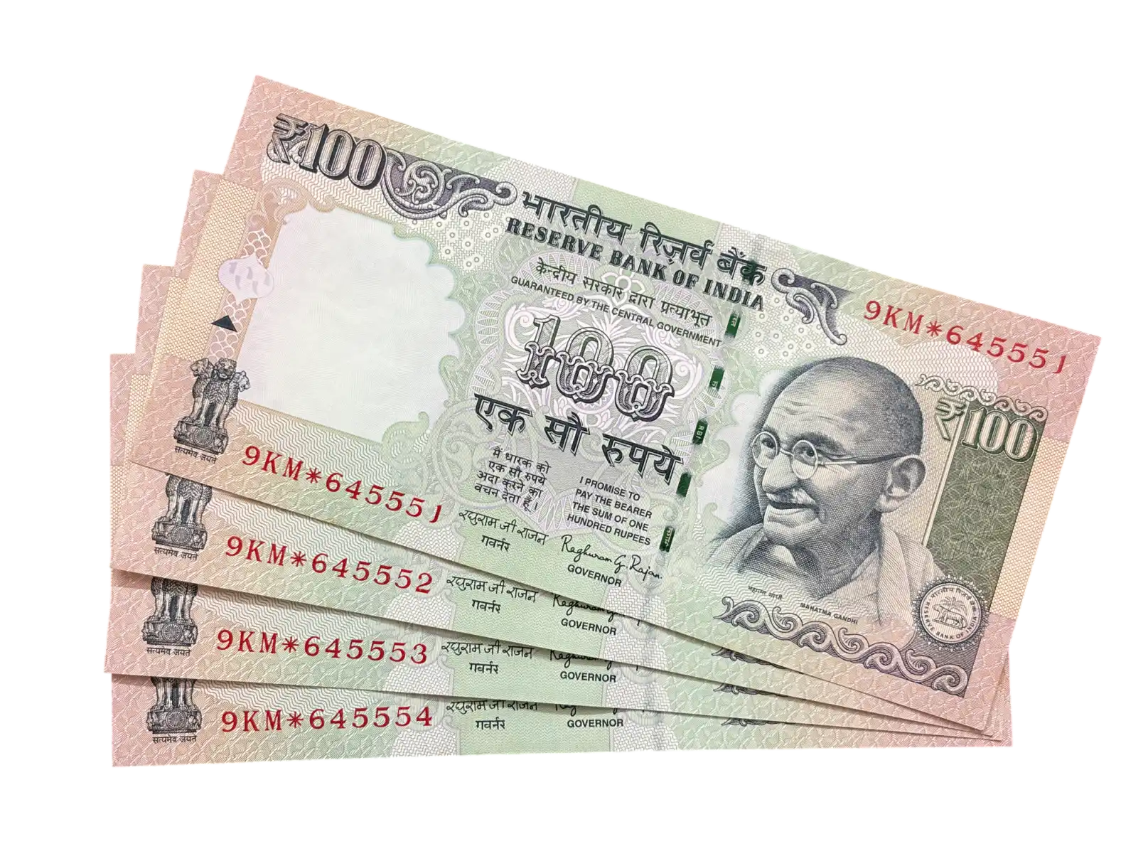 India, 2015 Rupees 100 x 4 Consecutive Star Series Banknotes, Sign. Raghuram G. Rajan, Prefix 9KM, Inset Plain, UNC, RARE, (9KM 645551)