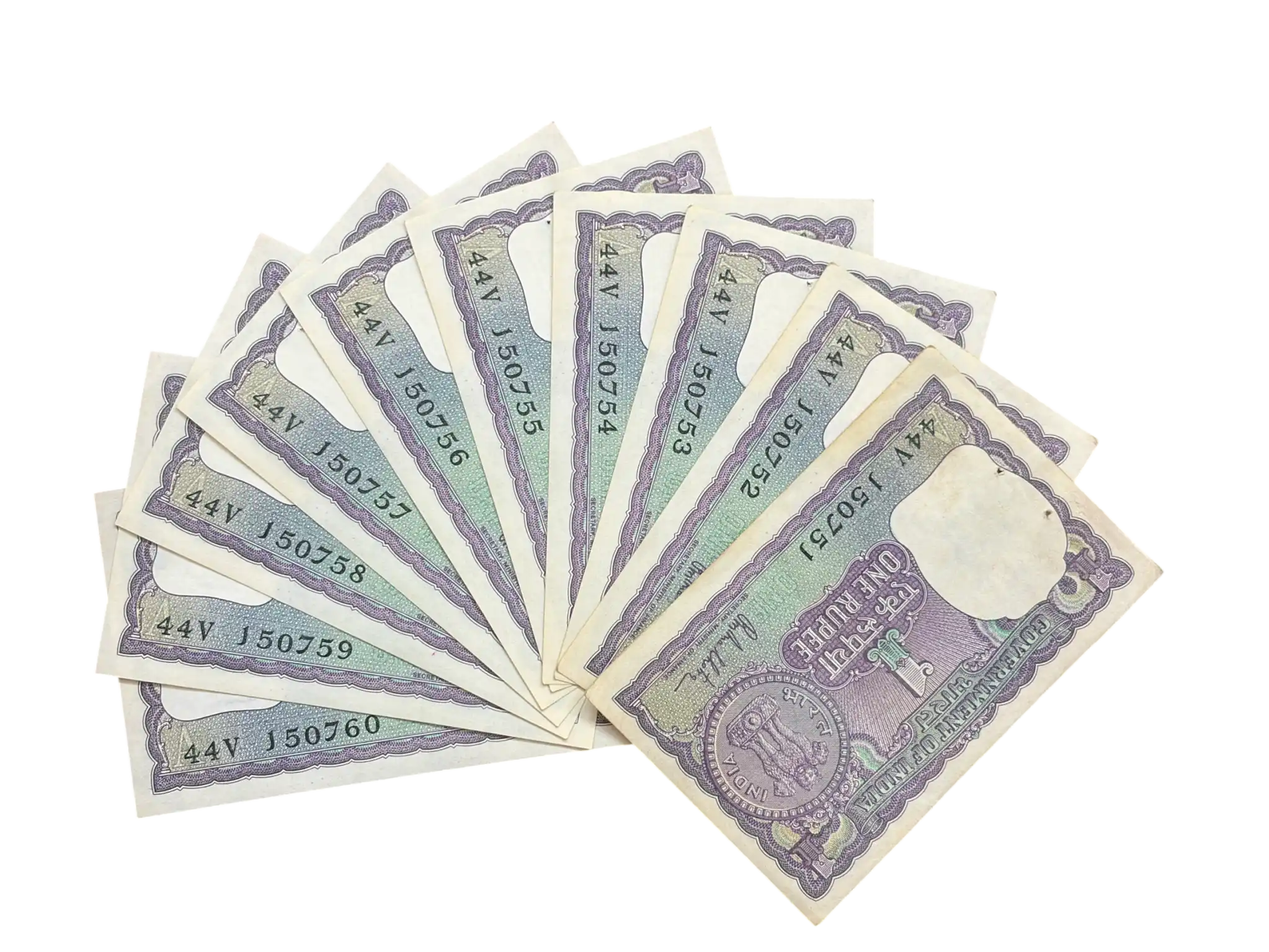 India, 1980 Rupee 1 x 10 Consecutive Serial Number Banknotes, Sign. R. N. Malhotra, Inset A, UNC, (44V 150751)
