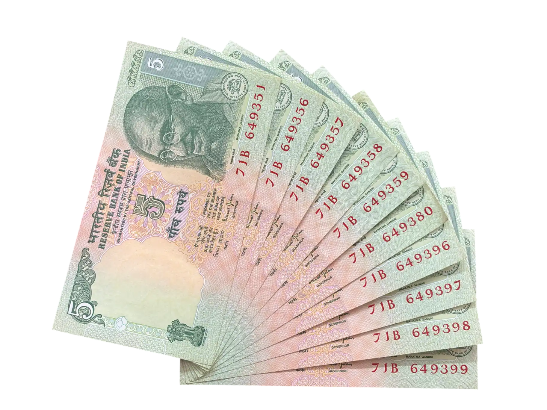 India, Rupees 5 x 10 Consecutive Serial Banknotes, Sign. Bimal Jalan, Inset Plain, UNC, (71B 649351)