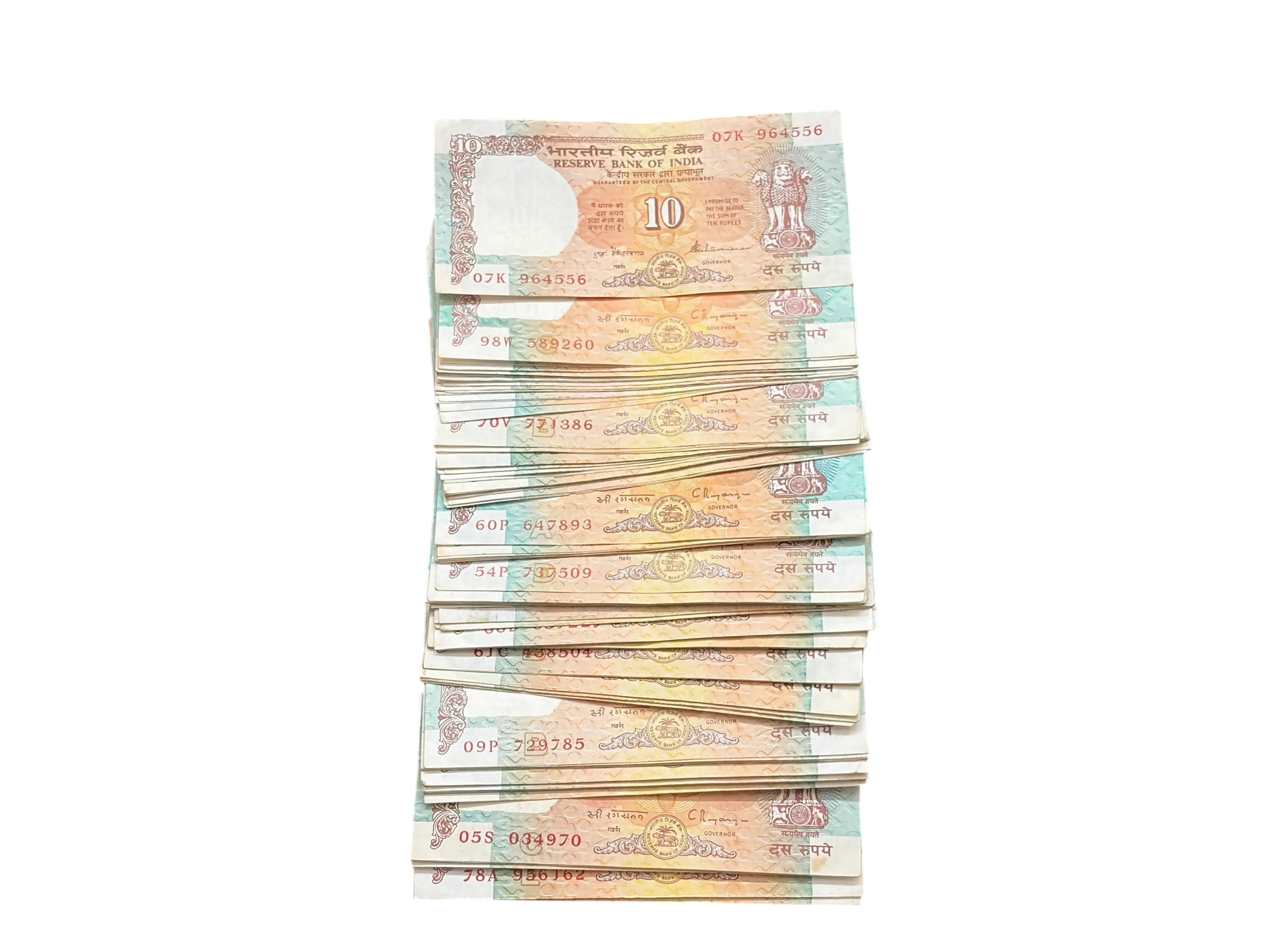 India, Rupees 10 x 100 Mix Loose Banknotes, Shalimar Garden Issue, Sign. S. Venkitaramanan & C. Rangarajan, (07K 964556)