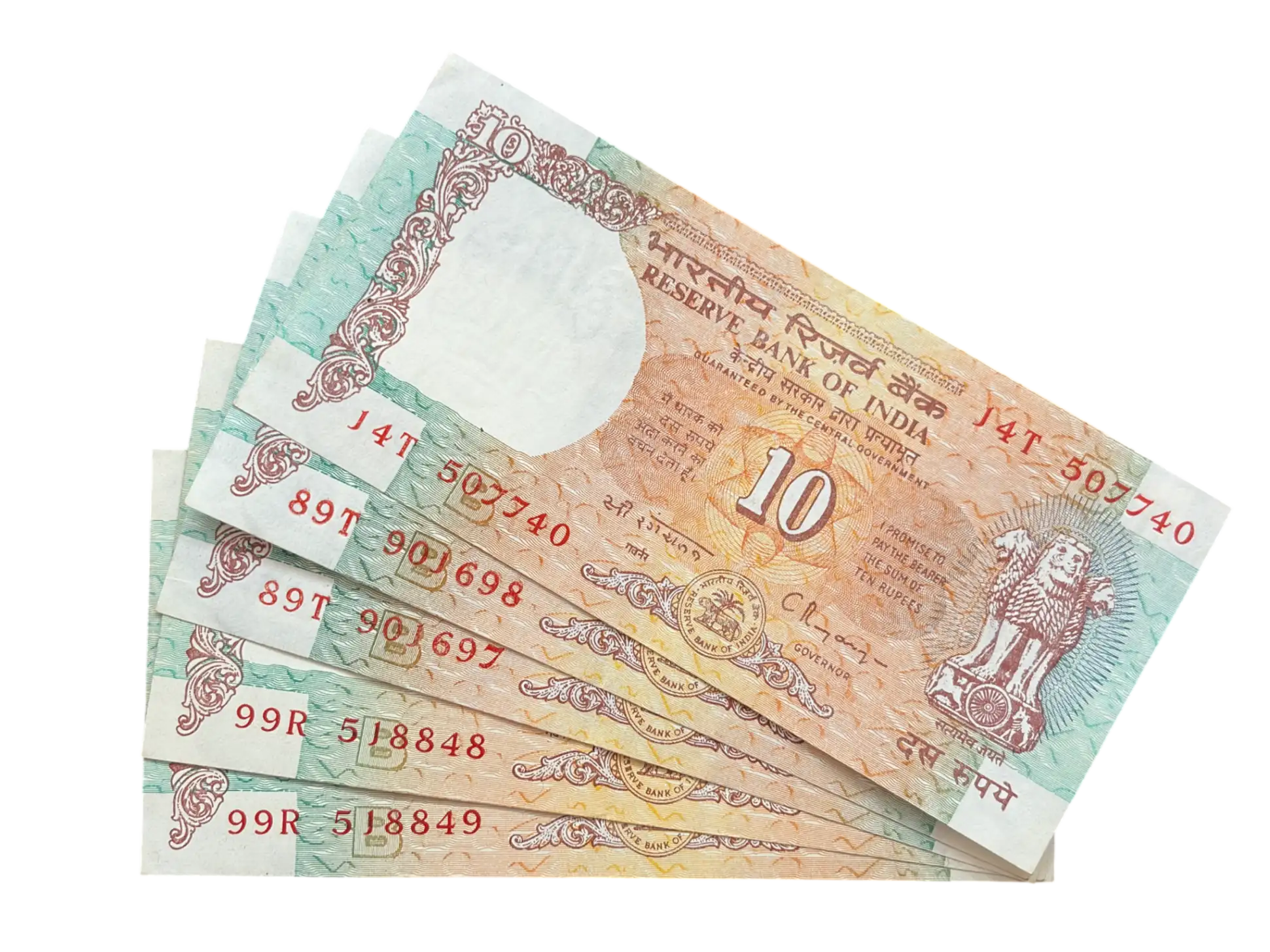 India, Rupees 10 x 5 Banknotes, Shalimar Garden Issue, Sign. C. Rangarajan, Inset B, UNC, (14T 507740)