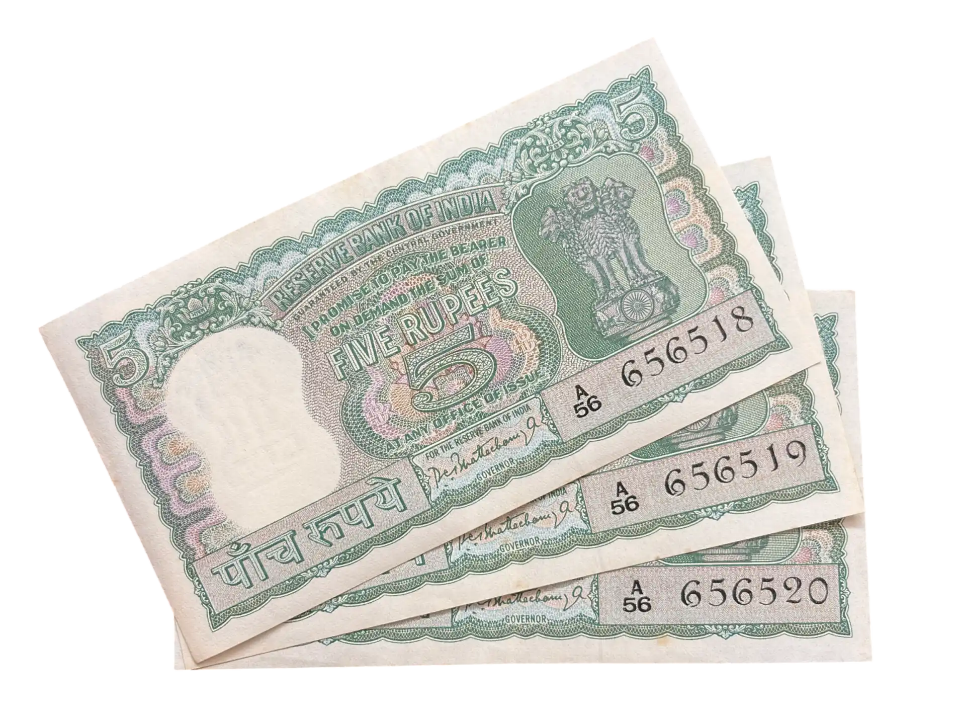 India, 1962 Rupees 5 x 3 Consecutive Serial Banknotes, Diamond Issue, Sign. P. C. Bhattacharya, RARE, (A56 656518​​​​​​​)