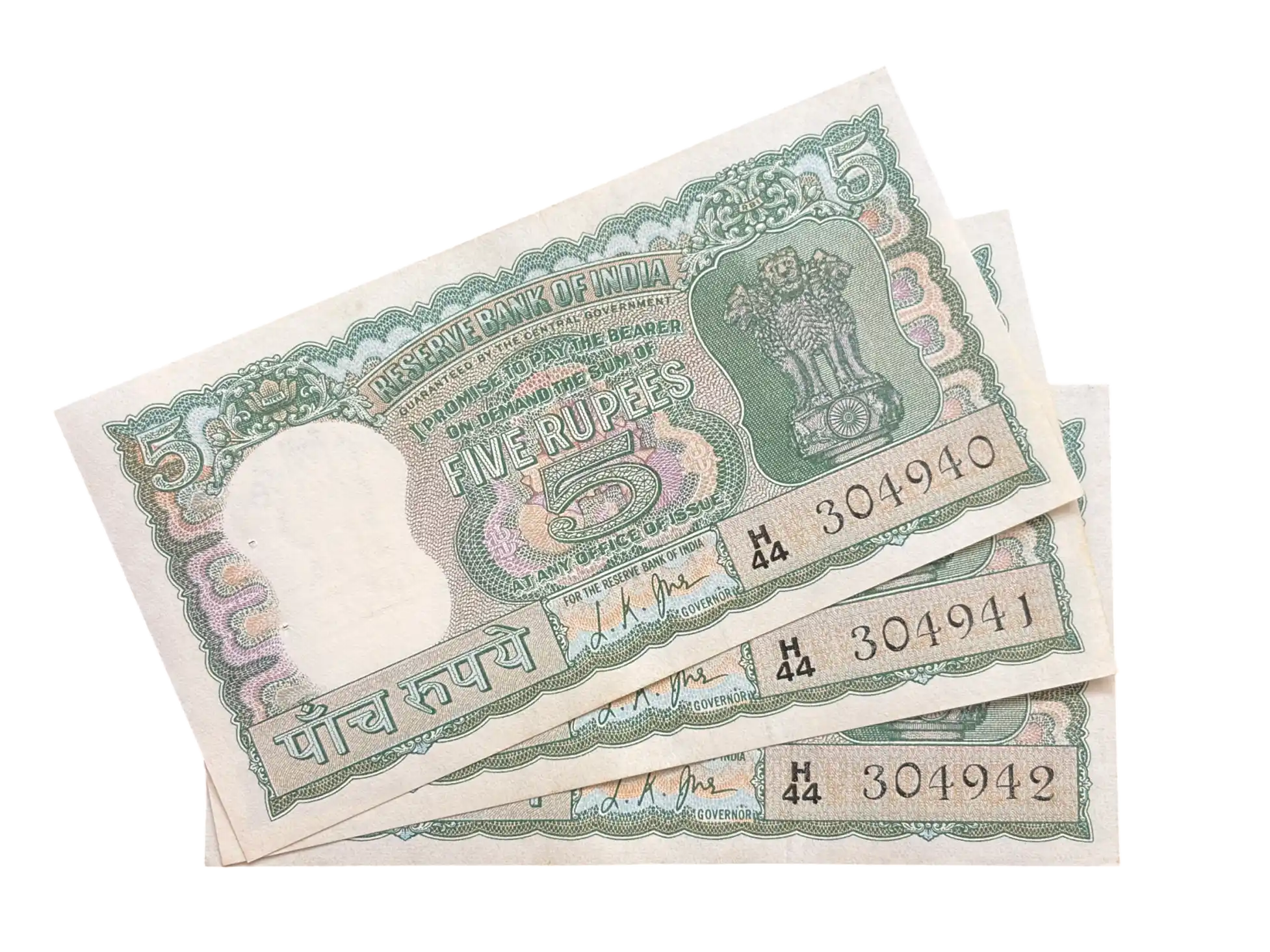 India, 1967 Rupees 5 x 3 Consecutive Serial Banknotes, Diamond Issue, Sign. L.K. Jha, UNC, RARE, (H44 304940)