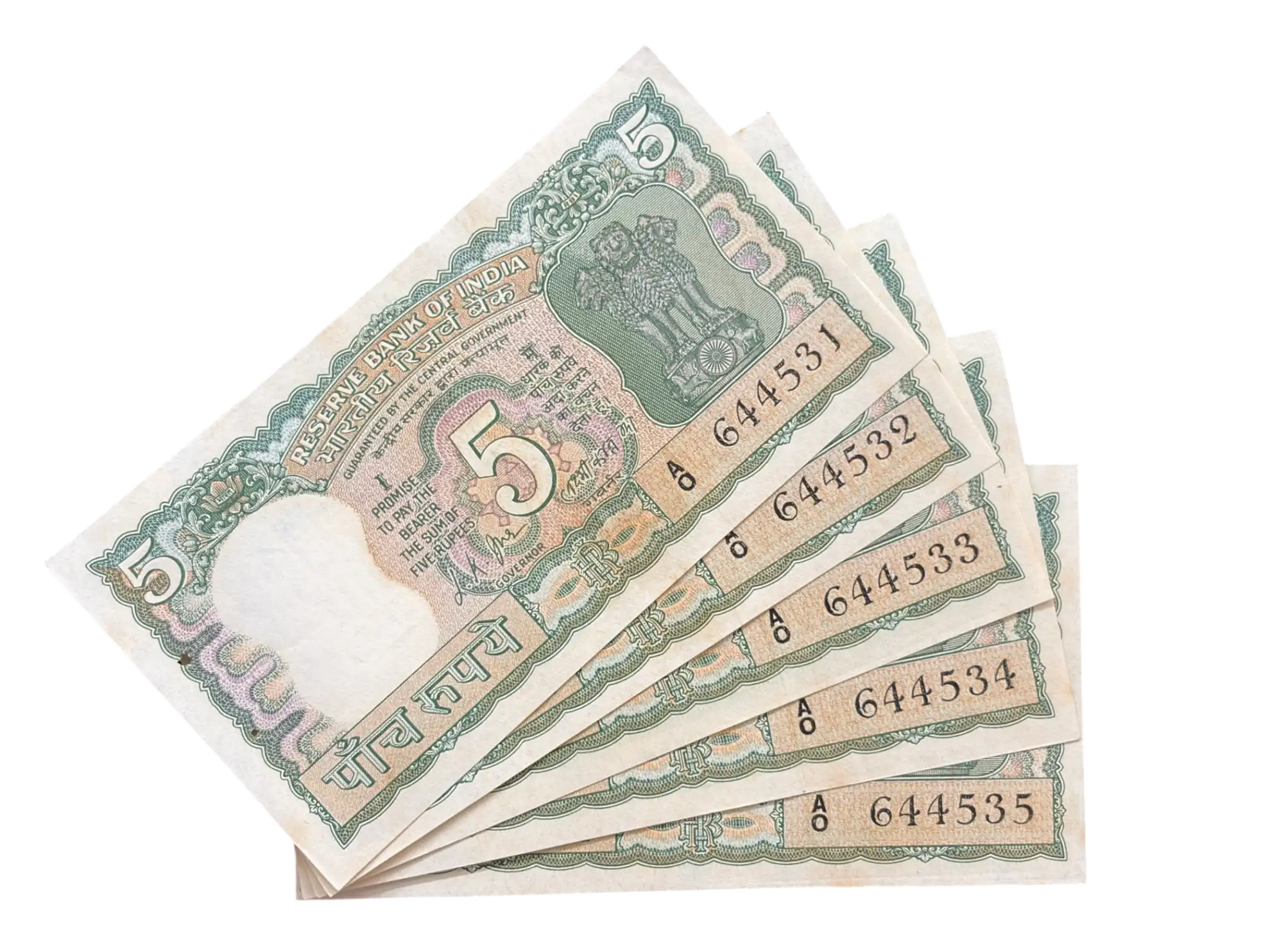 India, 1969 Rupees 5 x 5 Consecutive Serial Banknotes, Gandhi Issue, Sign. L.K. Jha, UNC, RARE, (A0 644531)