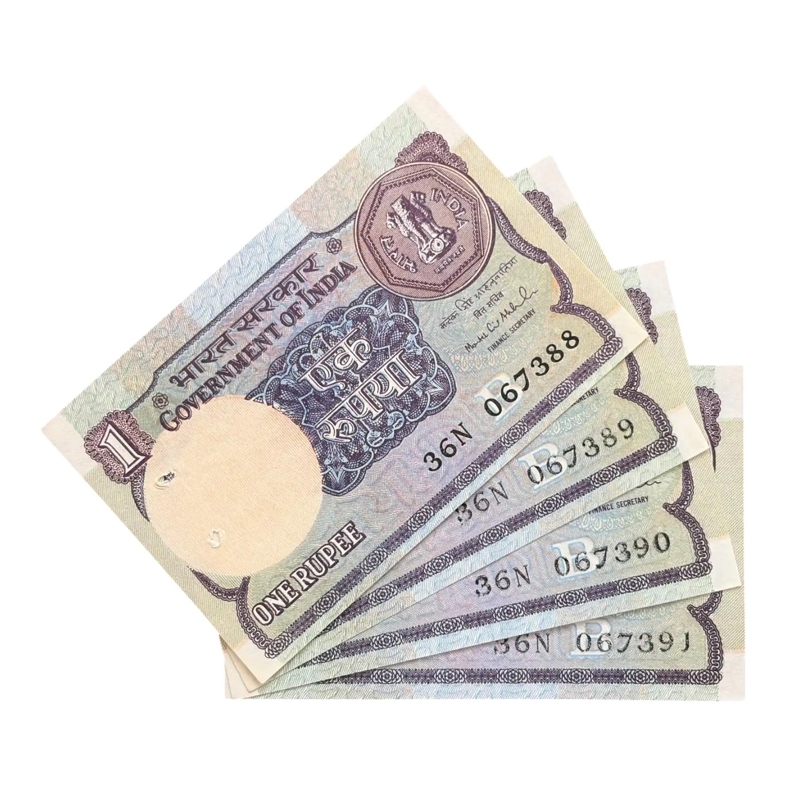 India, 1993 Rupee 1 x 4 Consecutive Serial Number Banknotes, Sign. Montek Singh Ahluwalia, Inset B, UNC, (36N 067388)