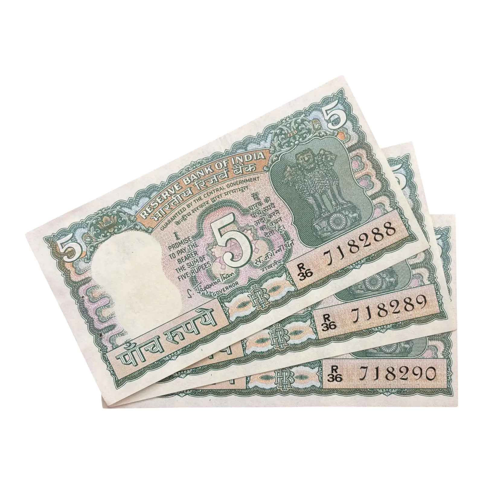India, Rupees 5 x 3 Consecutive Serial Banknotes, 4 Deer Issue (Incorrect Urdu), Sign. S. Jagannathan, UNC, (R36 718288)