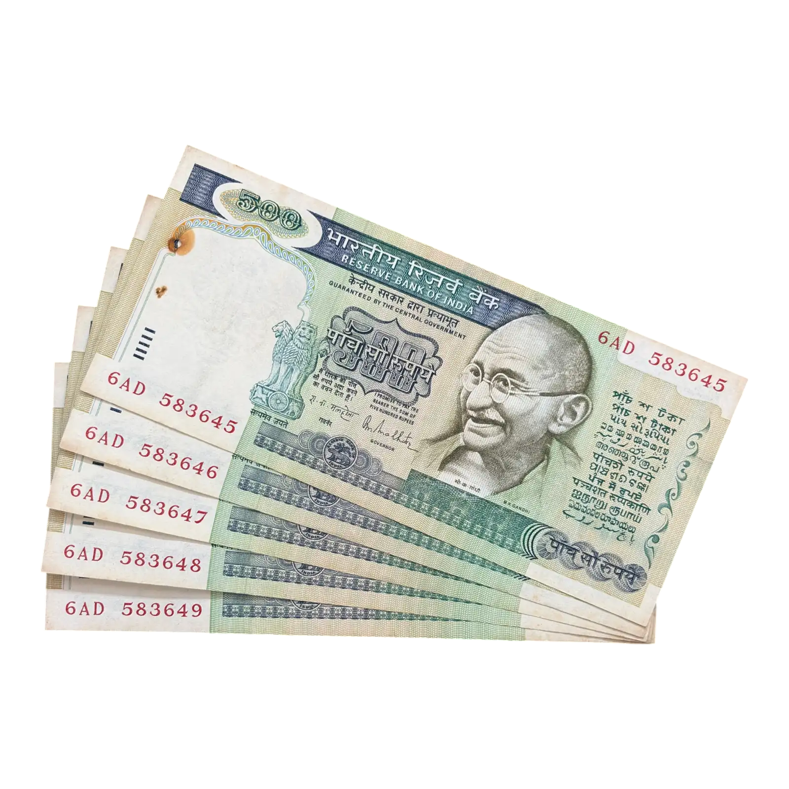 India, 1987 Rupees 500 x 5 Consecutive Serial Banknotes, 1st Issue, Sign. R. N. Malhotra, RARE, (6AD 583345)