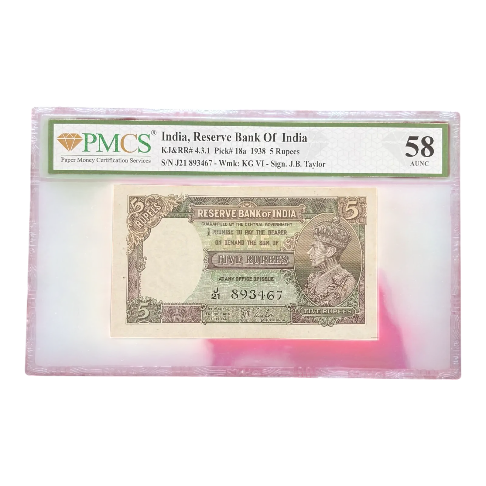 British India, 1938 Rupees 5 Banknote, King George VI (KG VI), Sign. J. B. Taylor, PMCS Graded 58, (J21 893467)