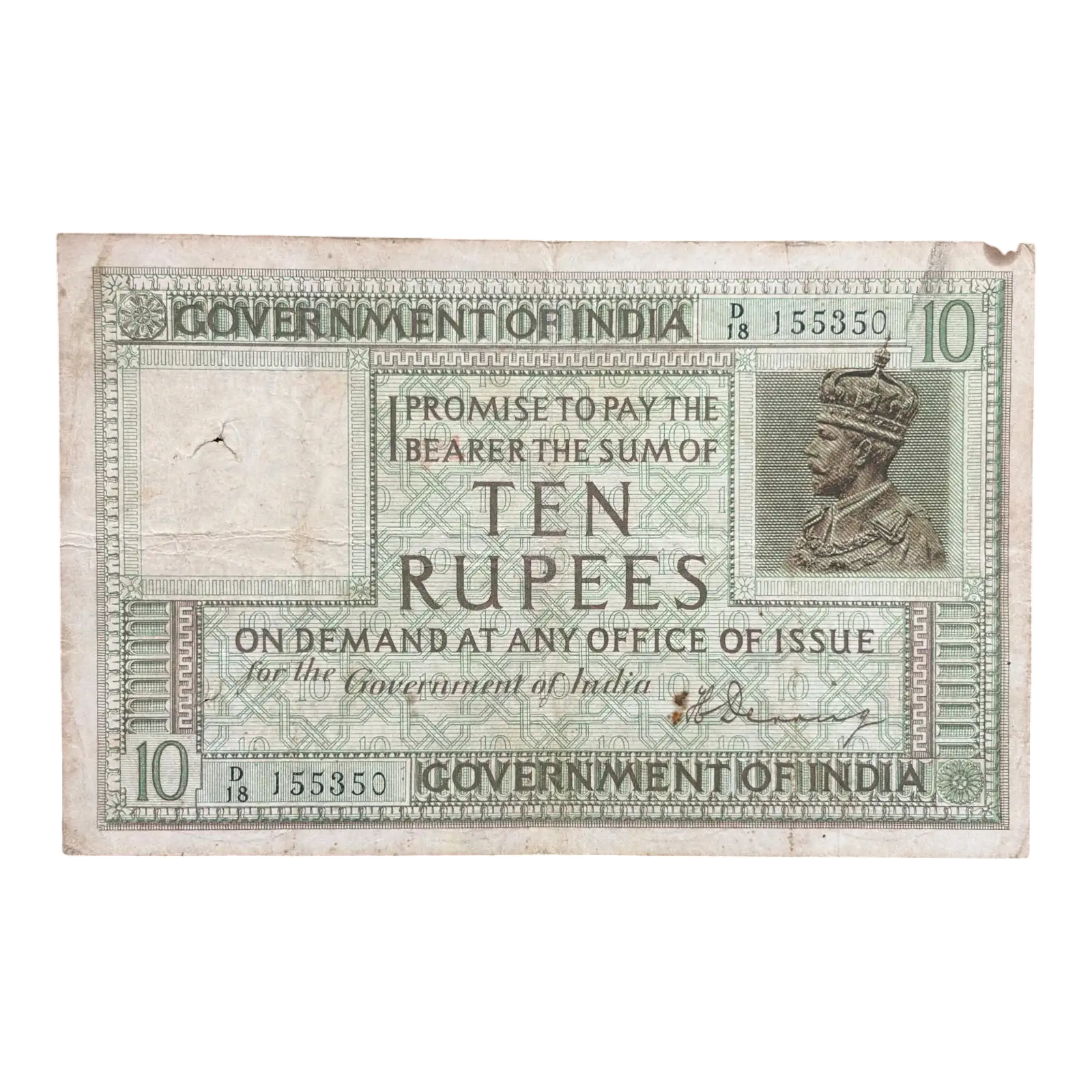 British India, 1926 Rupees 10 Banknote, 2nd Pattern (2nd Issue, Top Serial Number Right to Left), King George V, Sign. H. Denning, RARE & Scarce, (D18 155350)