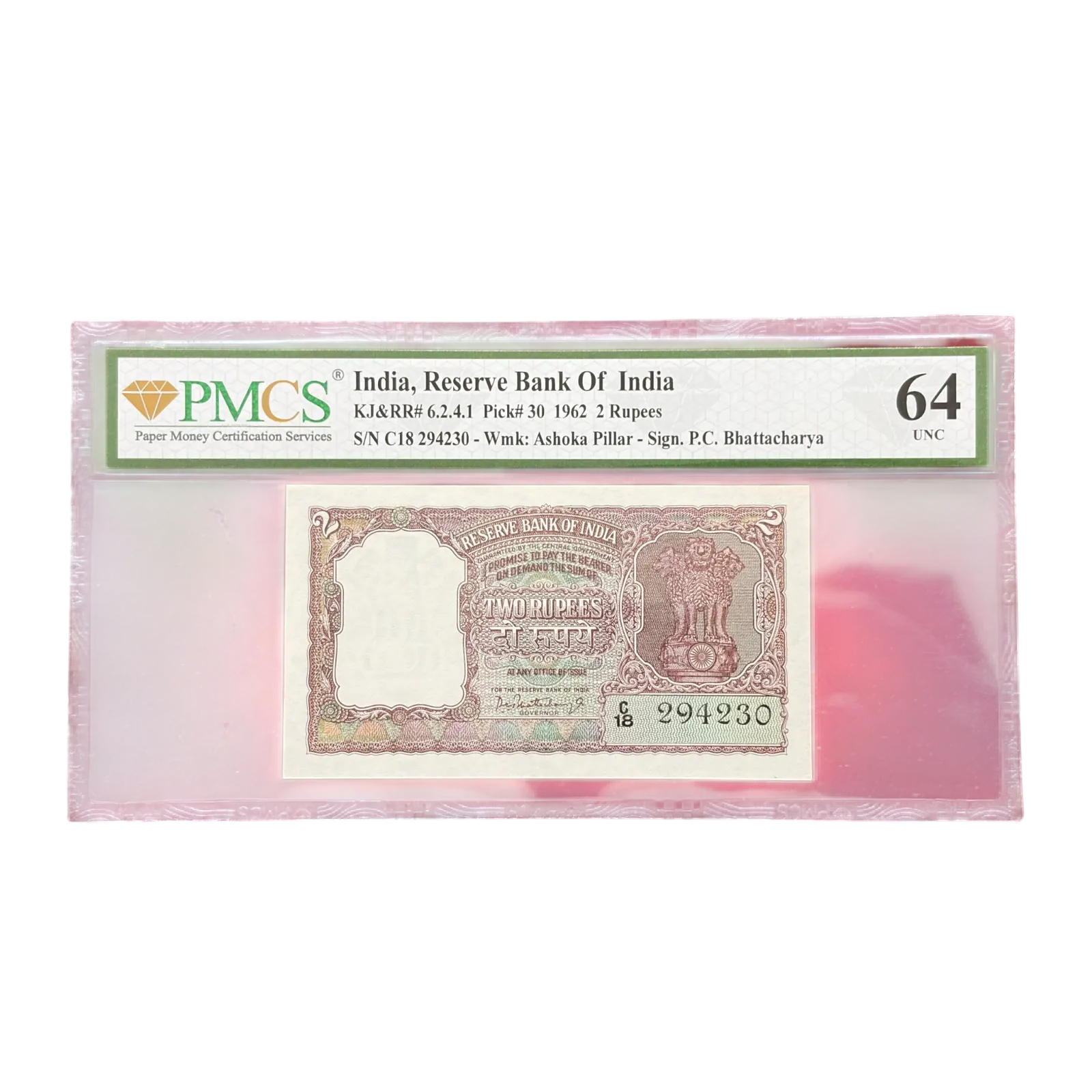 India, 1962 Rupees 2 Banknote, Half Tiger (Brown) Issue, Sign. P.C. Bhattacharya, PMCS Graded 64, (C18 294230)