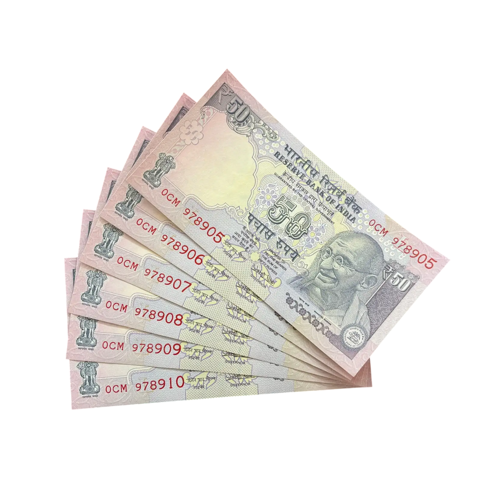 India, 2017 Rupees 50 x 6 Consecutive Serial Banknotes, Sign. Urjit R. Patel, Inset L, UNC, (0CM 978905)