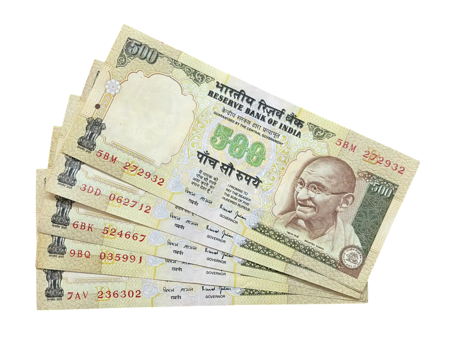 India, Rupees 500 x 5 Banknotes, Sign. Bimal Jalan, Inset B, (5BM 272932)