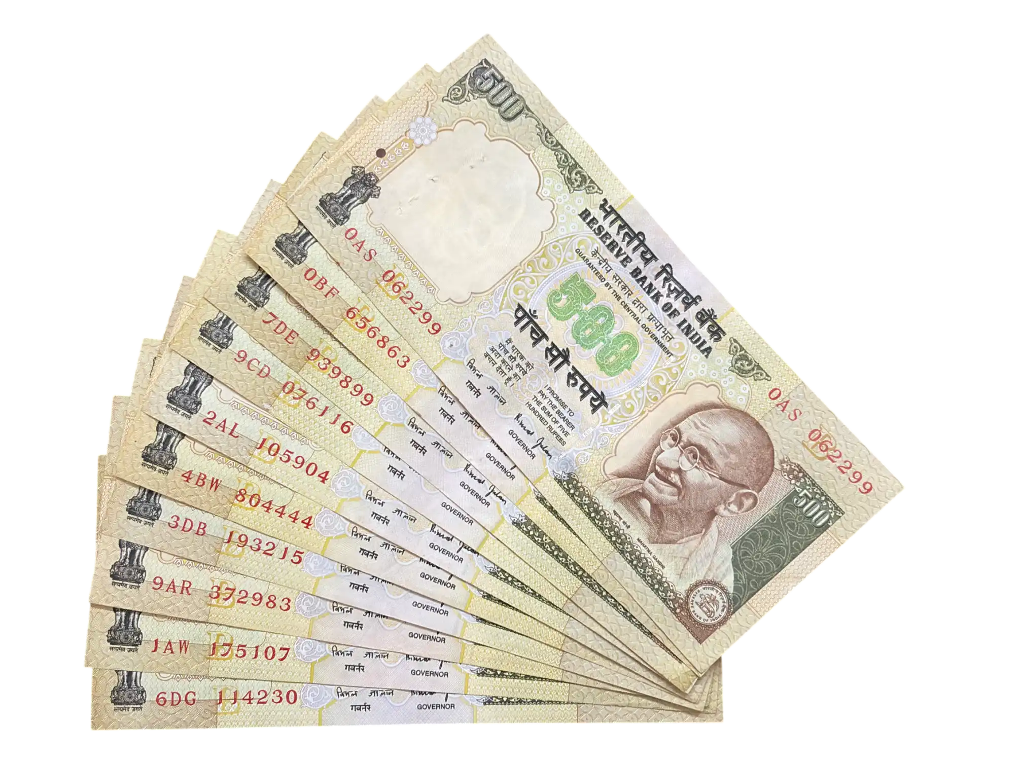 India, Rupees 500 x 10 Banknotes, Sign. Bimal Jalan, Inset B, (0AS 062299)