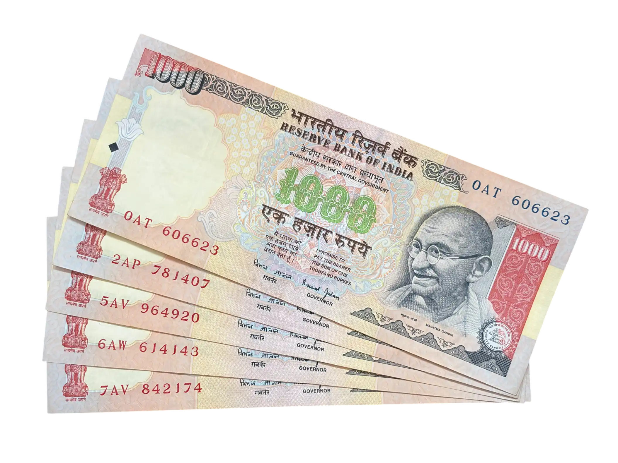 India, Rupees 1000 x 5 Banknotes, Sign. Bimal Jalan, Inset Plain, (0AT 606623)