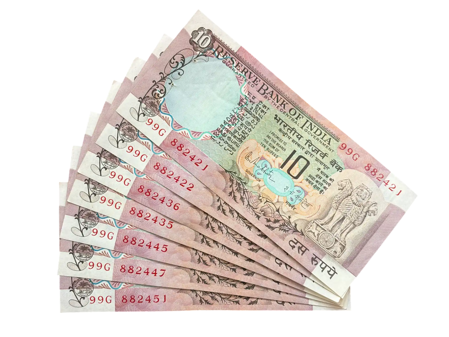 India, Rupees 10 x 7 Banknotes, Peacock Issue, Same Prefix 99G, Sign. R.N. Malhotra, AUNC, (99G 882421)