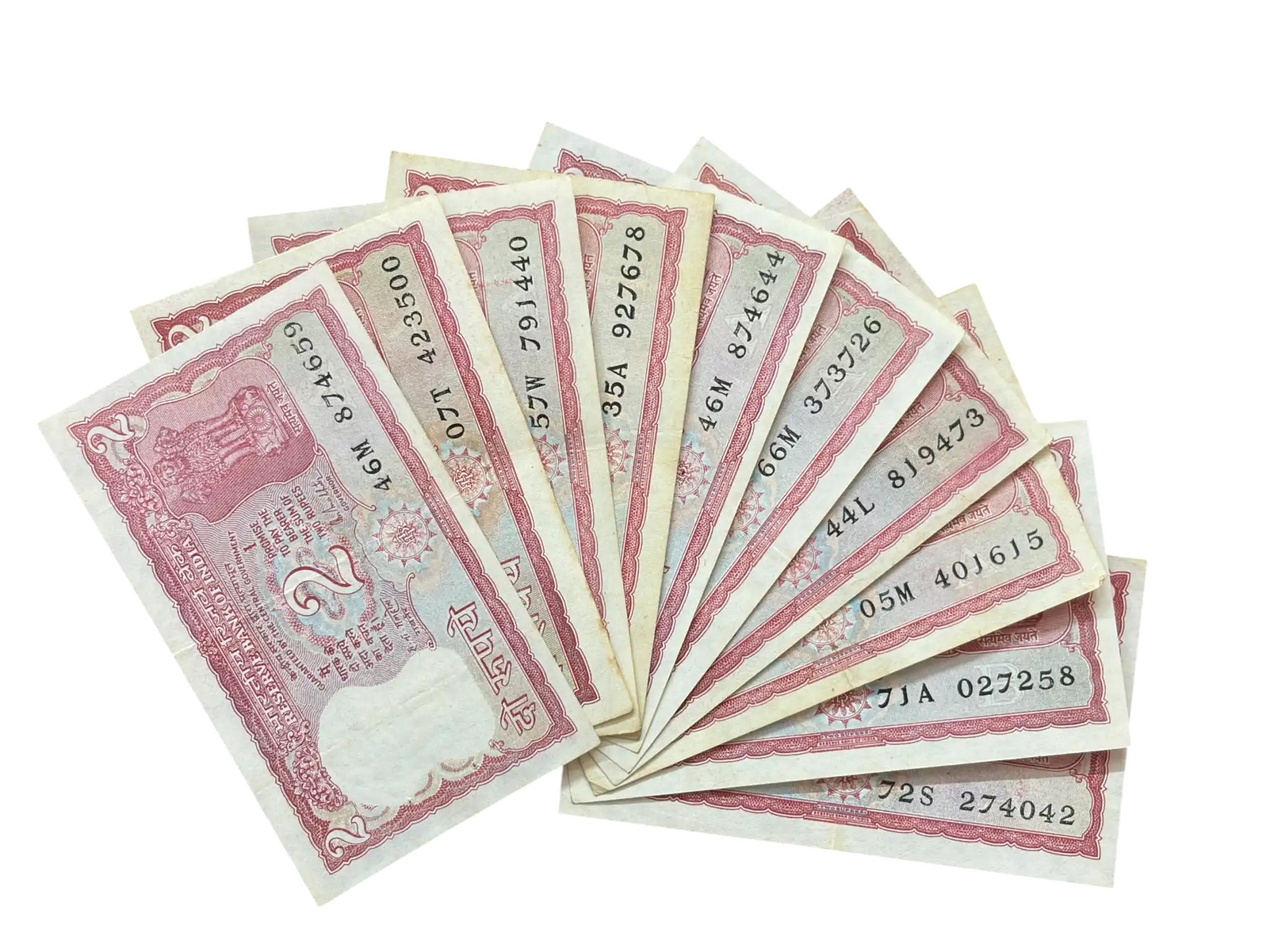 India, Rupees 2 x 10 Banknotes, Standing Tiger Issue, Sign. R.N. Malhotra, Inset A, (46M 874659)