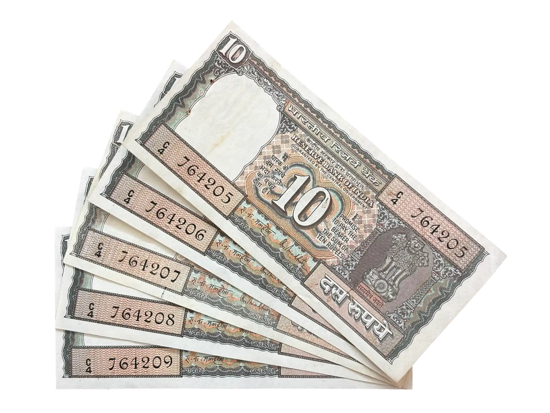 India, Rupees 10 x 5 Banknotes, Black Boat Issue, Sign. R.N. Malhotra, UNC, Scarce, (C4 764205)
