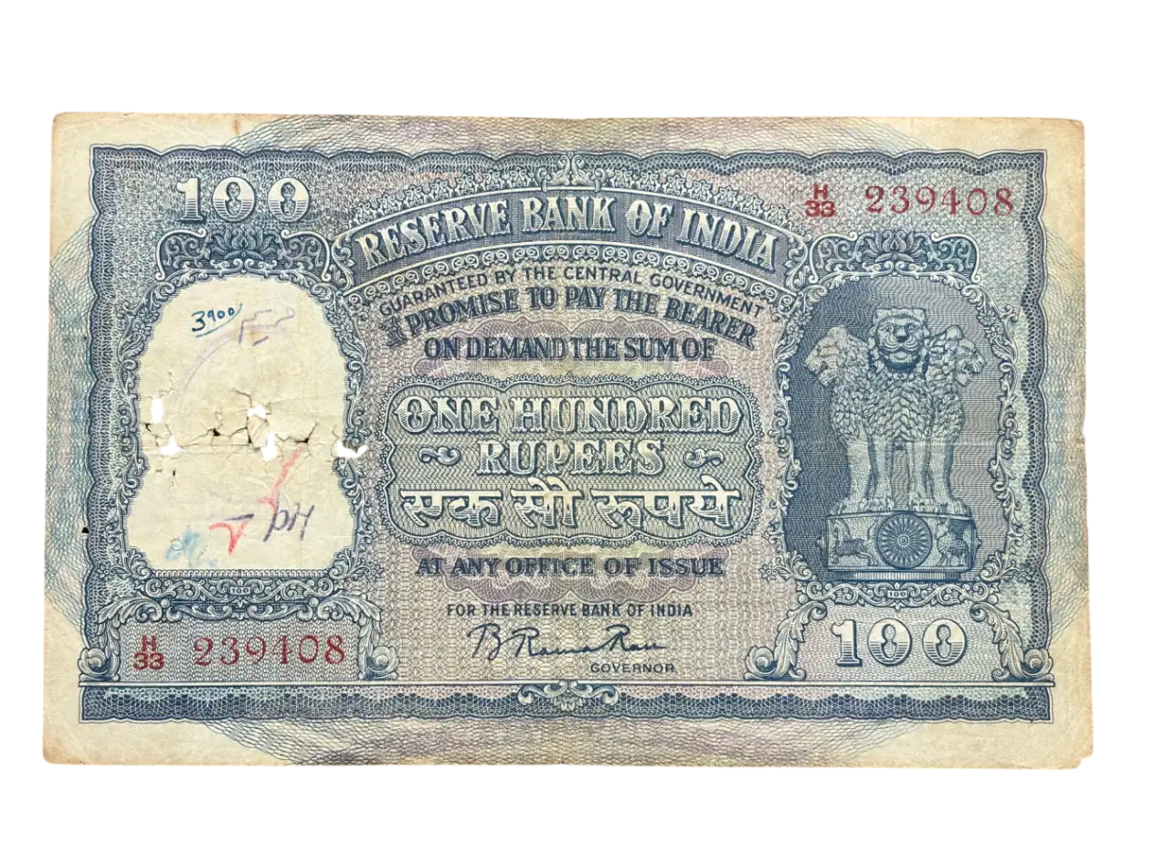 India, 1951 Rupees 100 Banknote, 3rd Issue, Correct Hindi (Fafda Issue), Sign. B. Rama Rau, Prefix H (Calcutta Circle), (H33 239408)